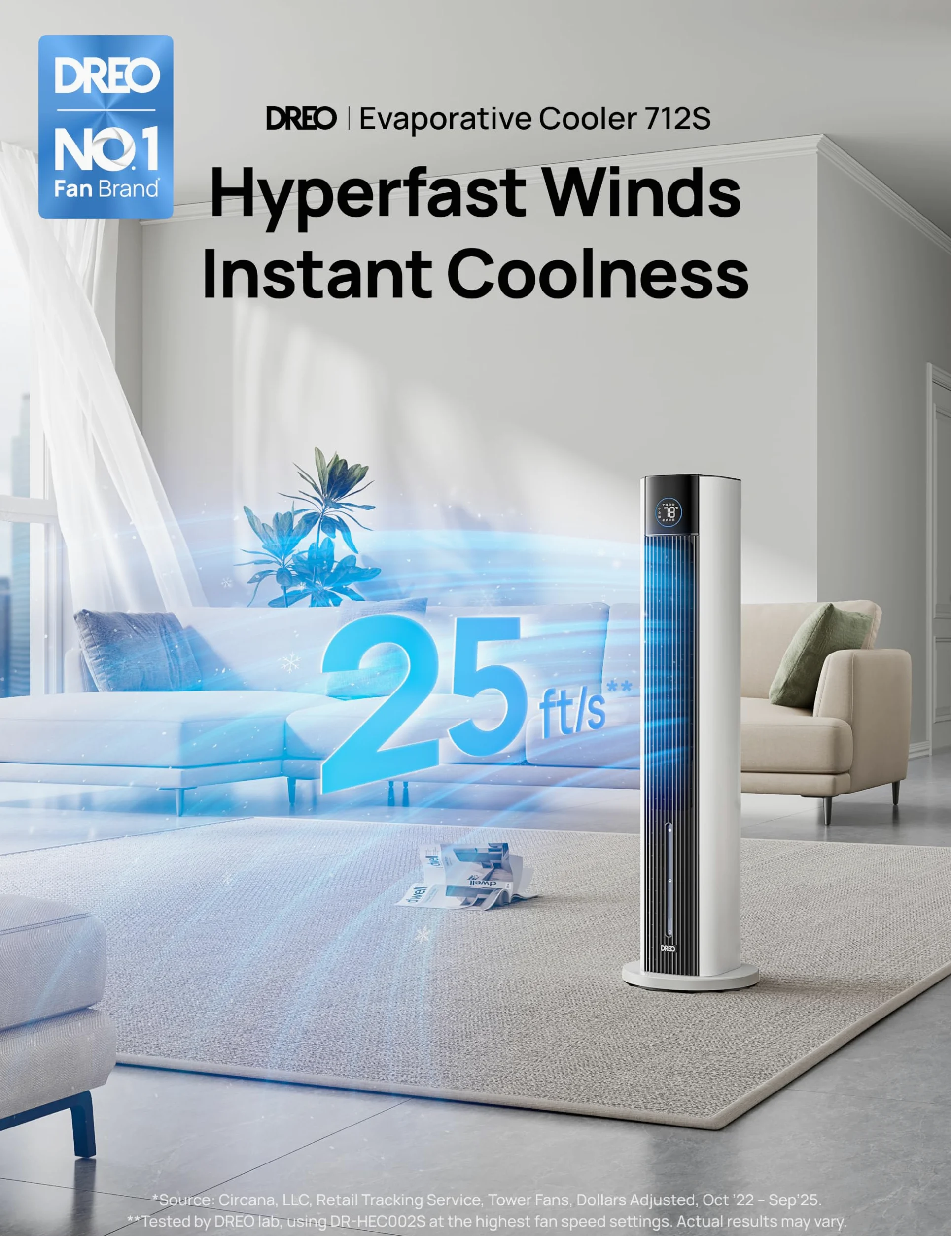 DREO Ventilatore a Torre con raffrescamento ad acqua, raffrescatore 110 cm, silenzioso, 4 velocità, 4 modalità, evaporativo, controllo app, ghiaccio incluso, oscillazione 80°, timer 12 h, bianco