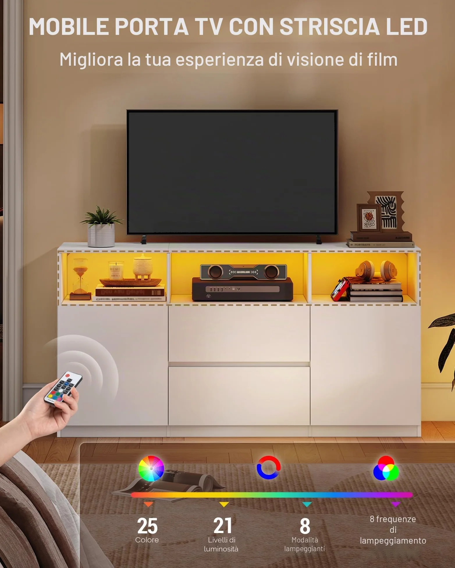 Hzuaneri Mobile TV, Tavolino Porta TV fino a 65 Pollici, con 2 Cassetti, 2 Gabinetto, 3 Scomparti Aperti, Luci LED, 147 x 40 x 76 cm, Soggiorno, Camera da Letto, Bianco TV17003XEU