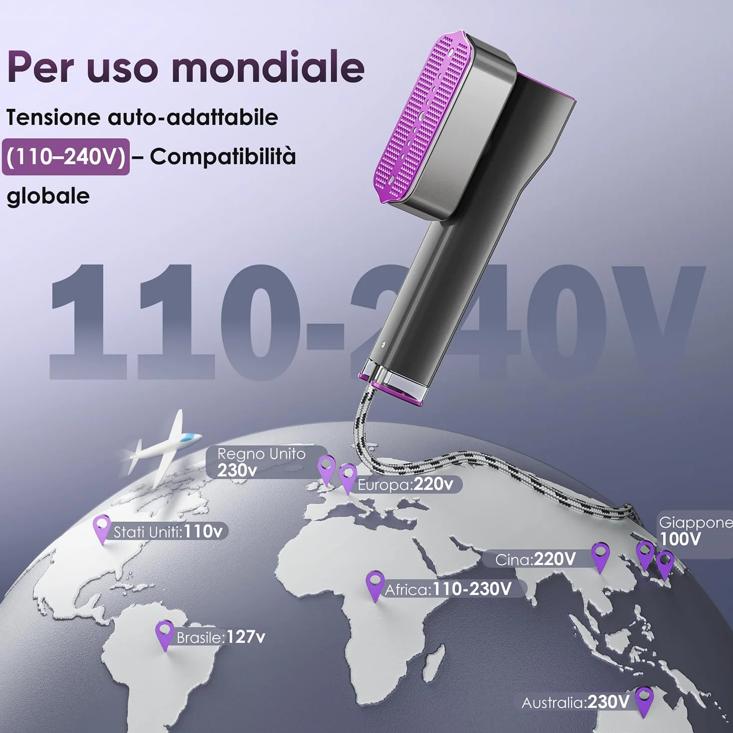 VIWAVE Ferro da Stiro Verticale 1200W Dual Voltage 100-240V 2-in-1 con 4 Modalità Display LED Portatile