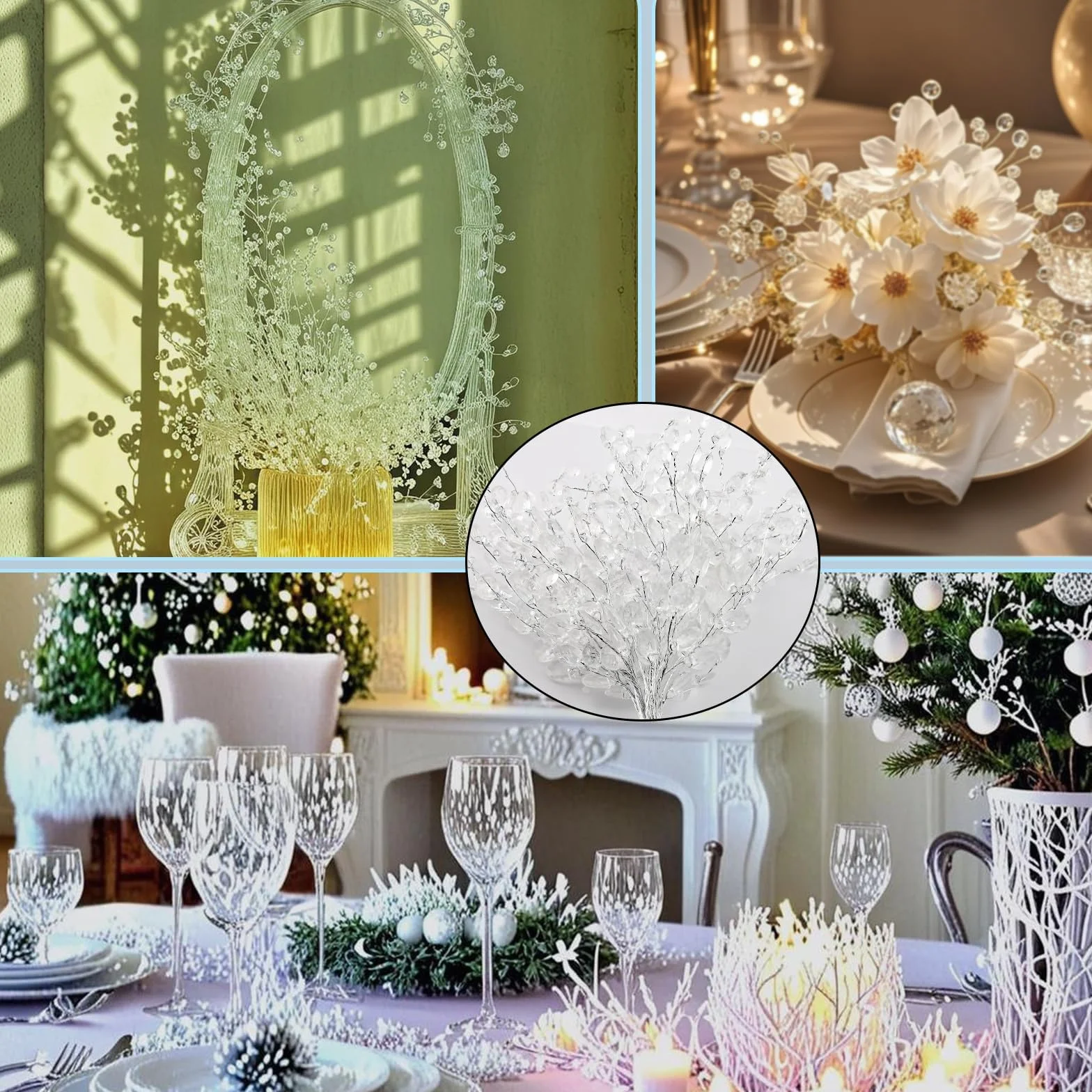 Confezione da 20 rami decorativi in cristallo acrilico trasparente – rametti decorativi con perline lucide per decorazioni per rametti natalizi, casa, vaso, festa, DIY e decorazioni invernali, 16cm