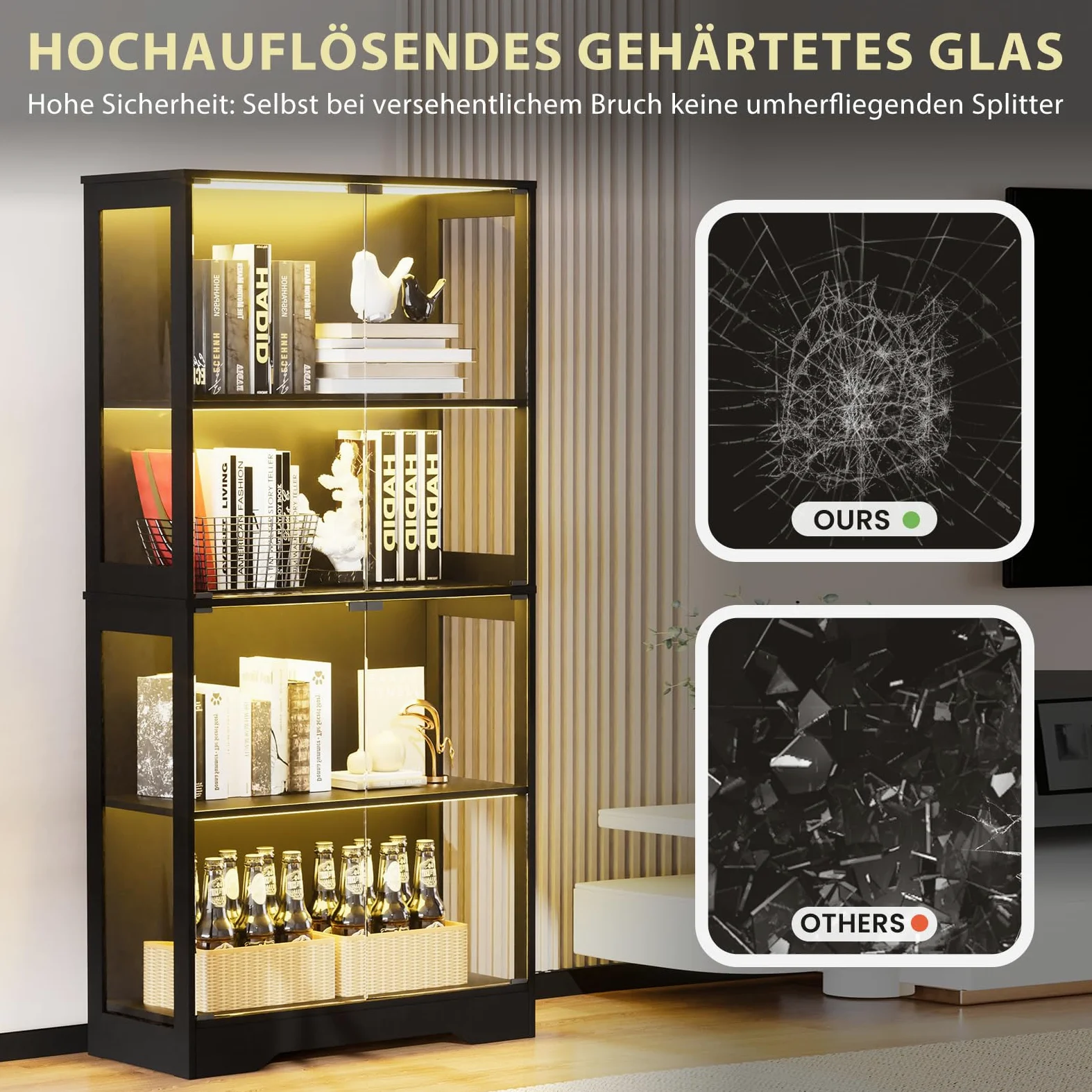 Vetrinetta in vetro con illuminazione LED e sensori intelligenti, vetrina a 4 livelli per collezioni, per soggiorno, camera da letto e ufficio, nero, 80 x 35 x 165 cm