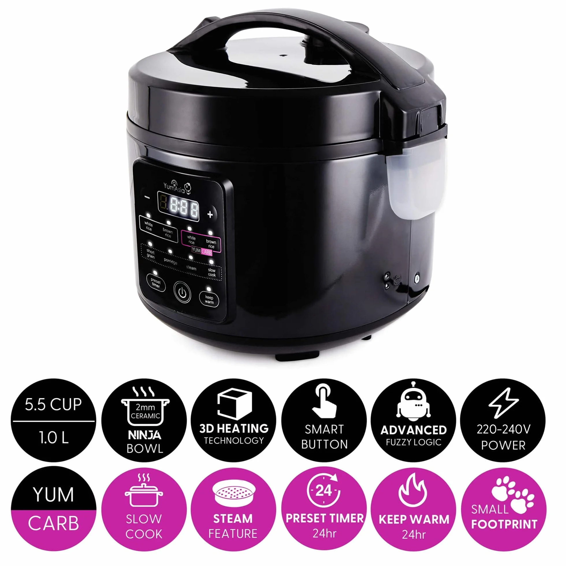 Yum Asia Kumo YumCarb Cuociriso con ciotola in ceramica e logica fuzzy avanzata, (5,5 tazze, 1 litro), 5 funzioni di cottura del riso, 3 funzioni di cottura multipla,) 220-240V