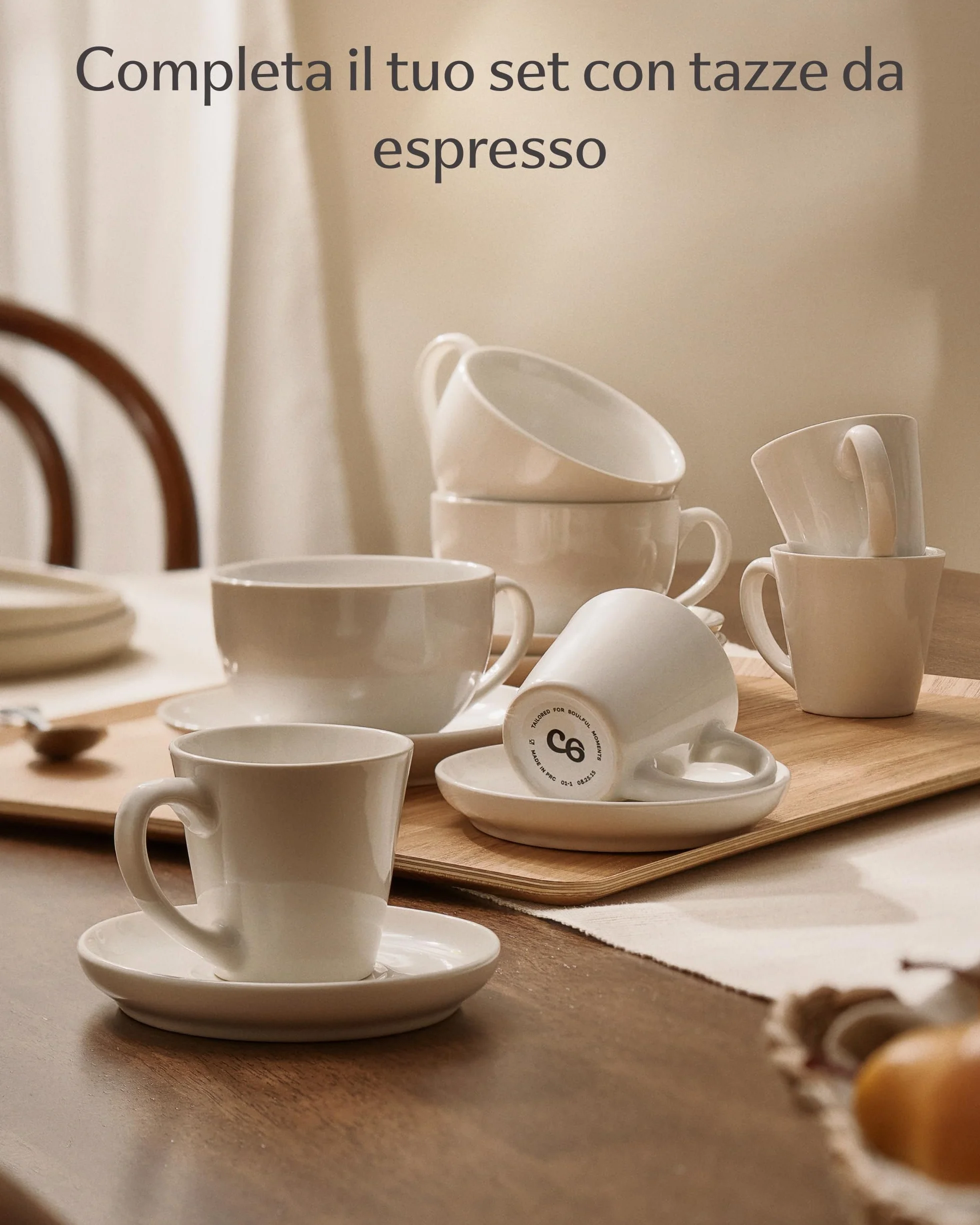 Tazzine Caffè 6 Pezzi in Ceramica Bianche con Piattini - Tazze Cappuccino Lavabili in Lavastoviglie - Set Regalo 180 ml