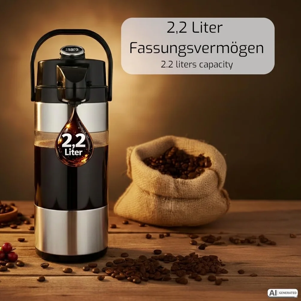 Caraffa termica a pompa 2,2 l in acciaio inox con interno in vetro per bevande calde e fredde
