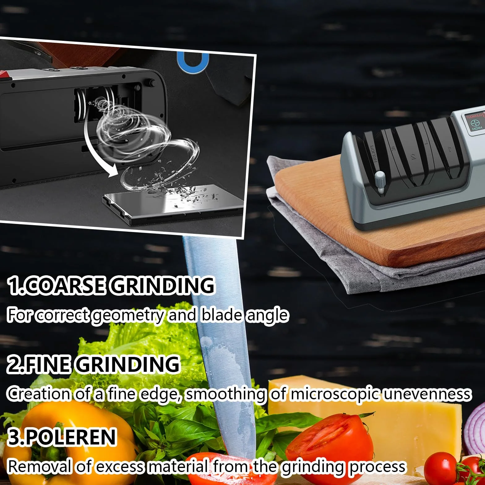 Affilacoltelli Elettrico Professionale Diamantato con Display LCD, Sistema di Affilatura a 3 Stadi con Guida Angolare