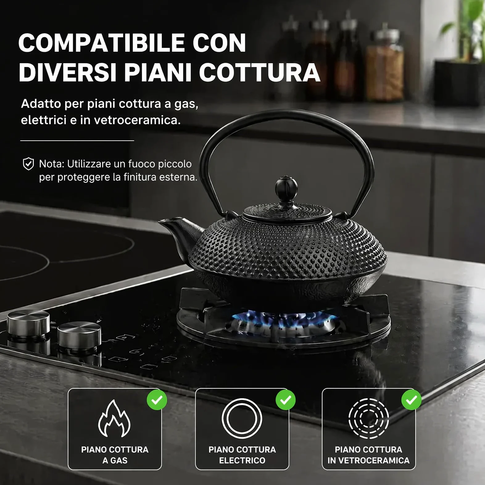Teiera tradizionale giapponese in ghisa, nero, in metallo di alta qualità con motivo strutturato, stile teiera, 800 ml