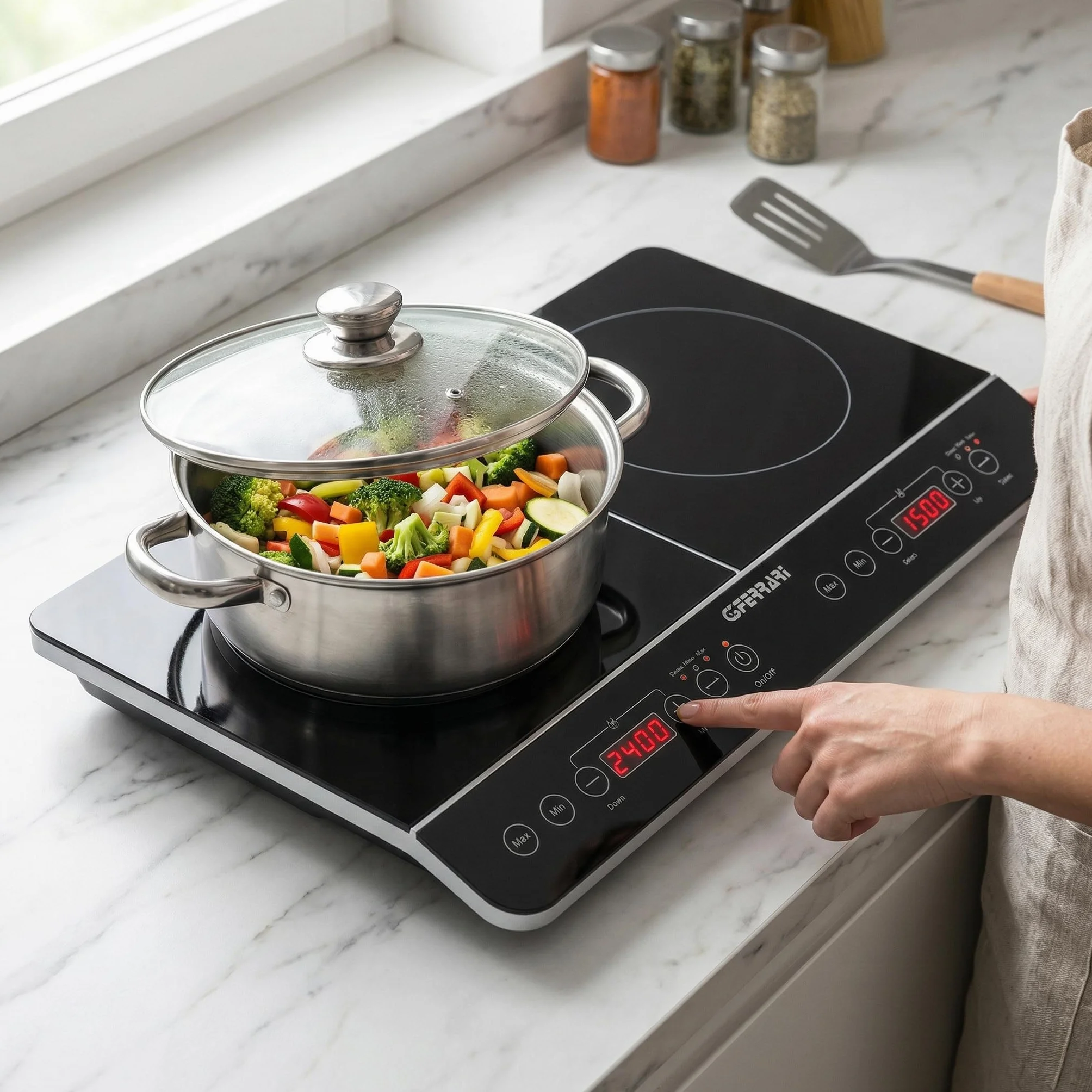 G3 Ferrari G10047 Piastra a Induzione Doppia 3500W Hi-Tech Chef Vetro Temperato Display Digitale