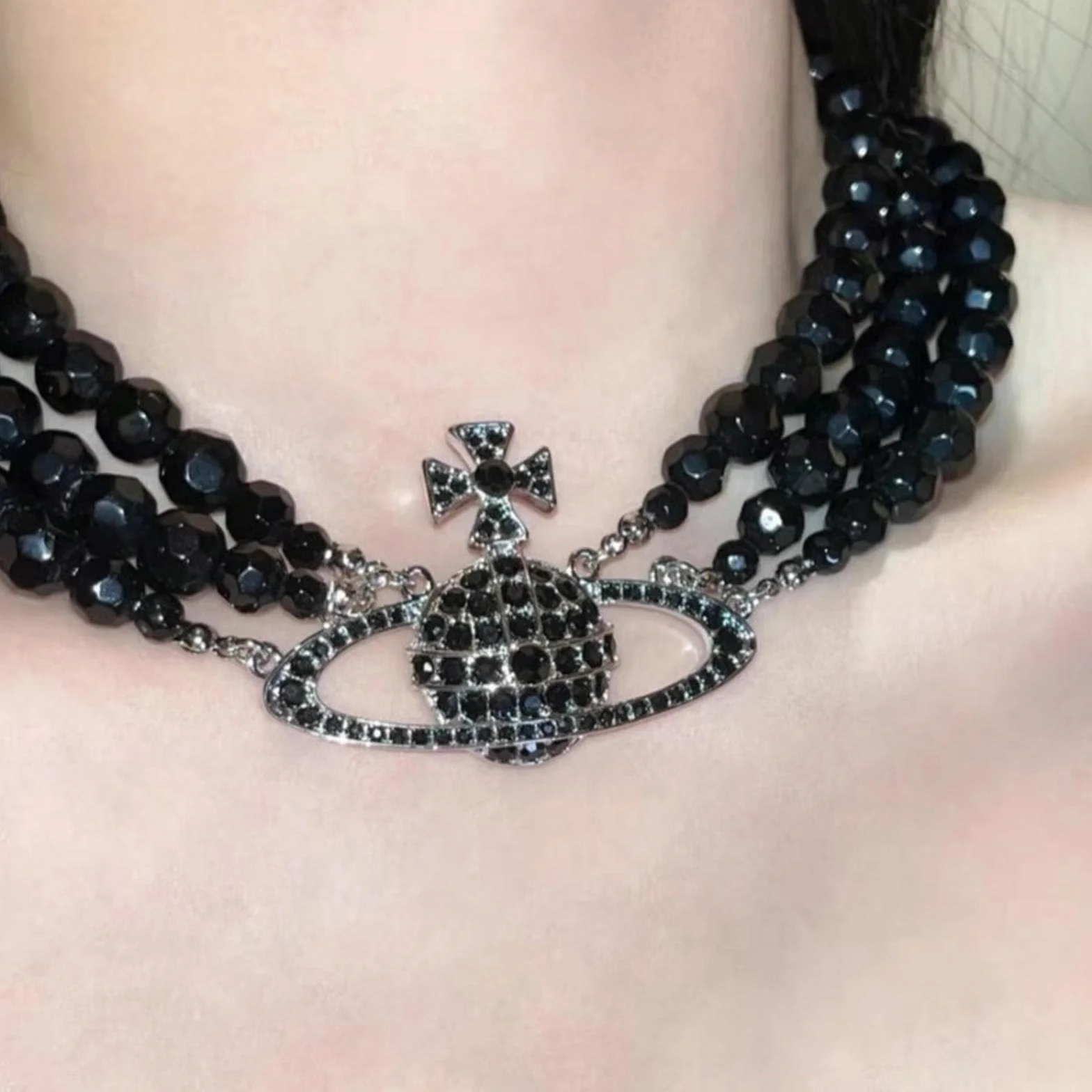 Collana di perle nere di Saturno temperamento, collana di perline nere con personalità creativa - Collana di perline nere