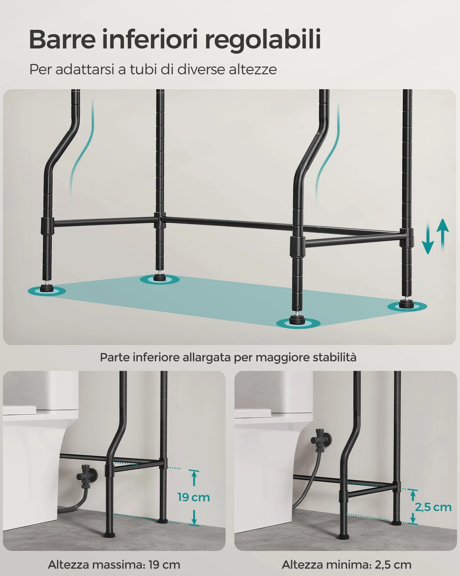 SONGMICS Scaffale sopra WC a 4 Ripiani, Scaffale da Bagno in Metallo, Ripiani Regolabili, con 4 Ganci e Portarotolo, Salvaspazio, 30 x 63 x 176 cm, Nero BTS013B01