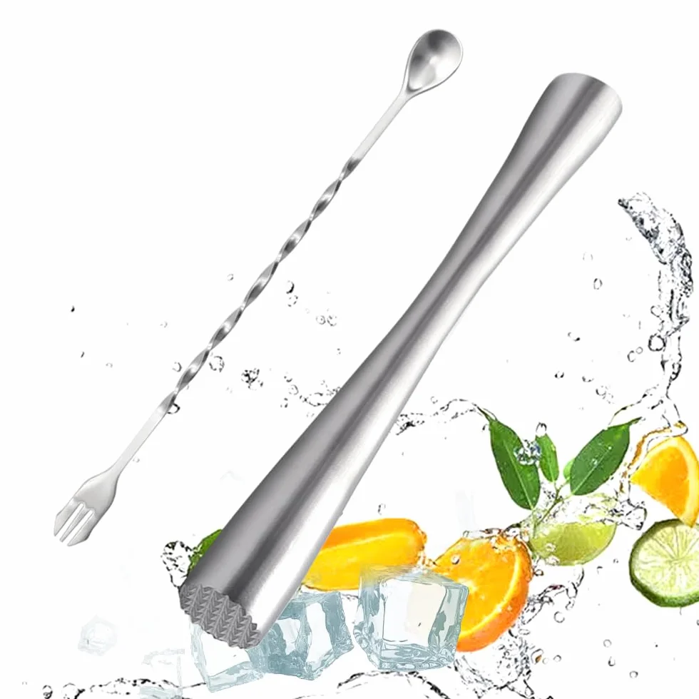 Pestello Cocktail Mojito 26CM Pestello e Cucchiaio da Cocktail in Acciaio Inox Ergonomic a Pestello Ghiaccio Adatto per Bar,Ristorante,Cucina(Argento)