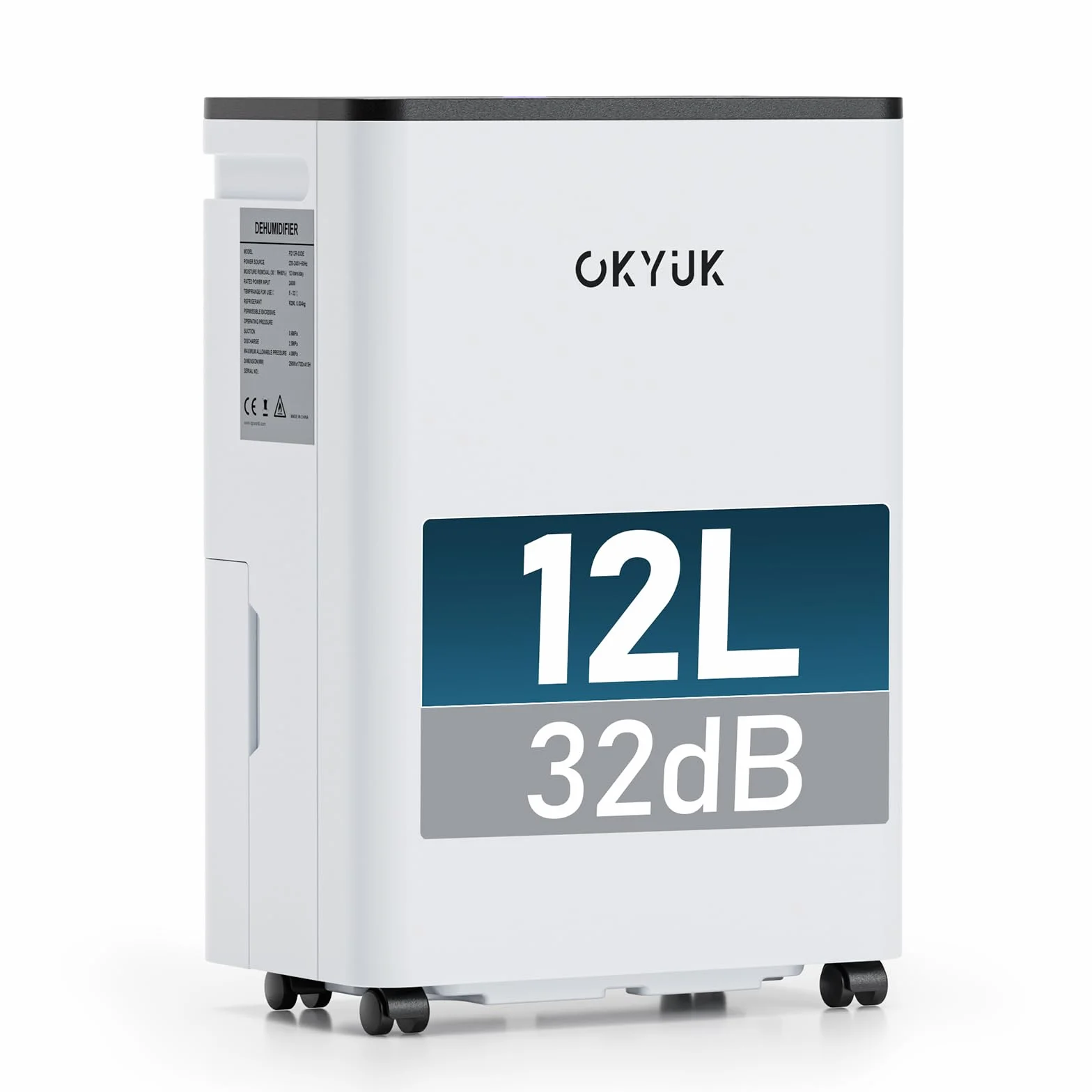 OKYUK Deumidificatore 12 litri/giorno, adatto per ambienti di circa 90 metri cubi (30 metri quadrati), Deumidificatore casa muffa, sbrinamento automatico, 32 dB, refrigerante R290, PD12R-03DE