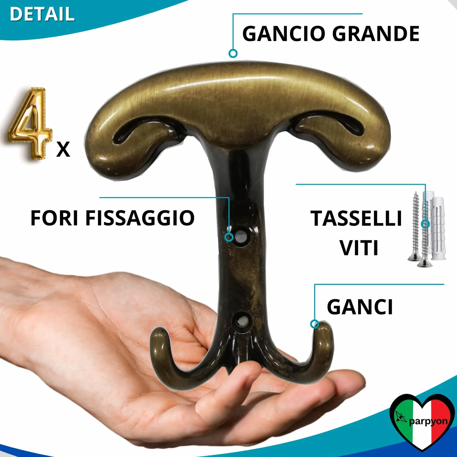 Appendiabiti a Parete 4 Ganci, Porta Asciugamani Bagno, Attaccapanni da Muro Ingresso (BRONZO)