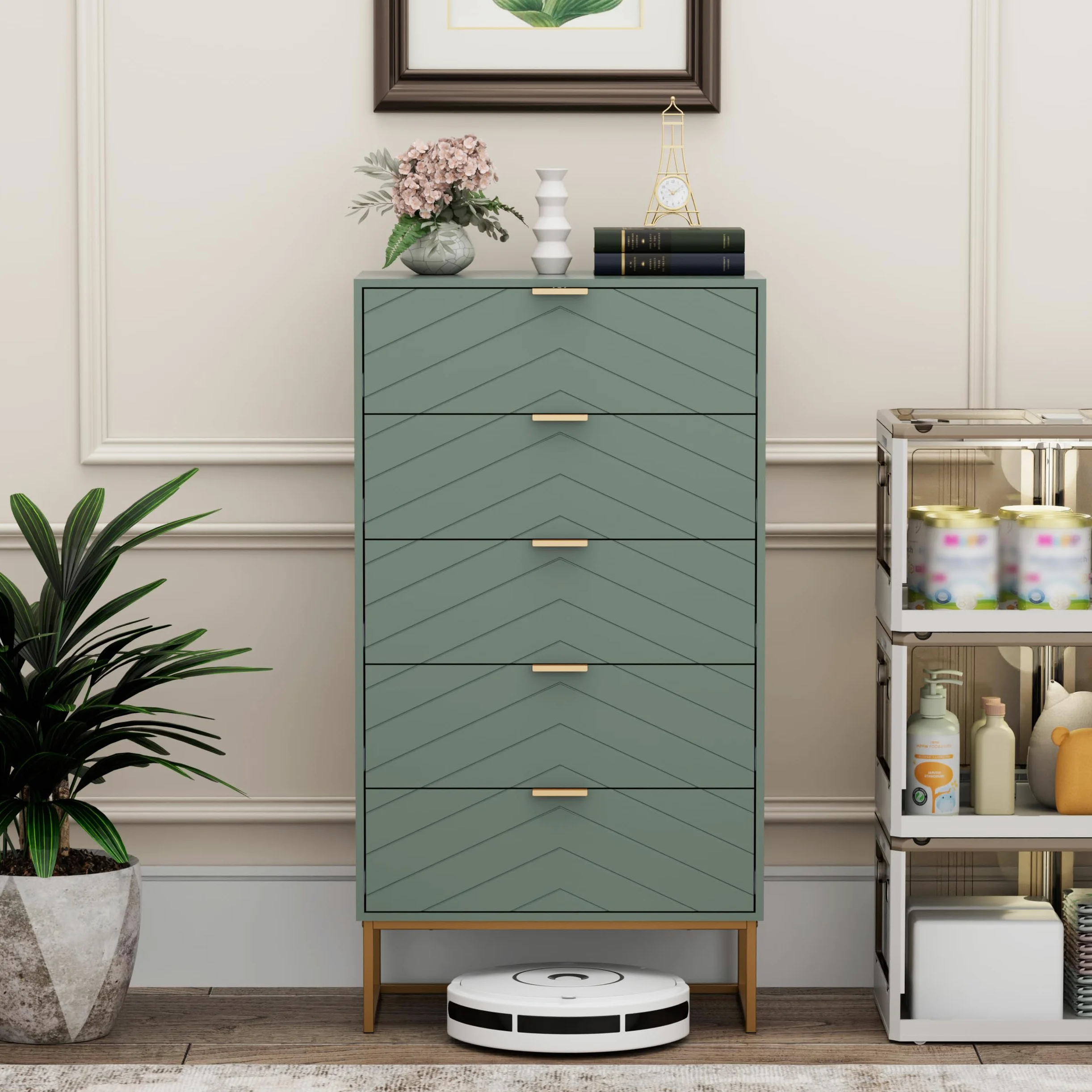 UEV Cassettiera Camera da Letto, Settimino con 5 Cassetti e Motivo di Linea, Mobiletto Moderno e Pratico, Sicuro Design Antiribaltamento, 60x34x110cm, Verde