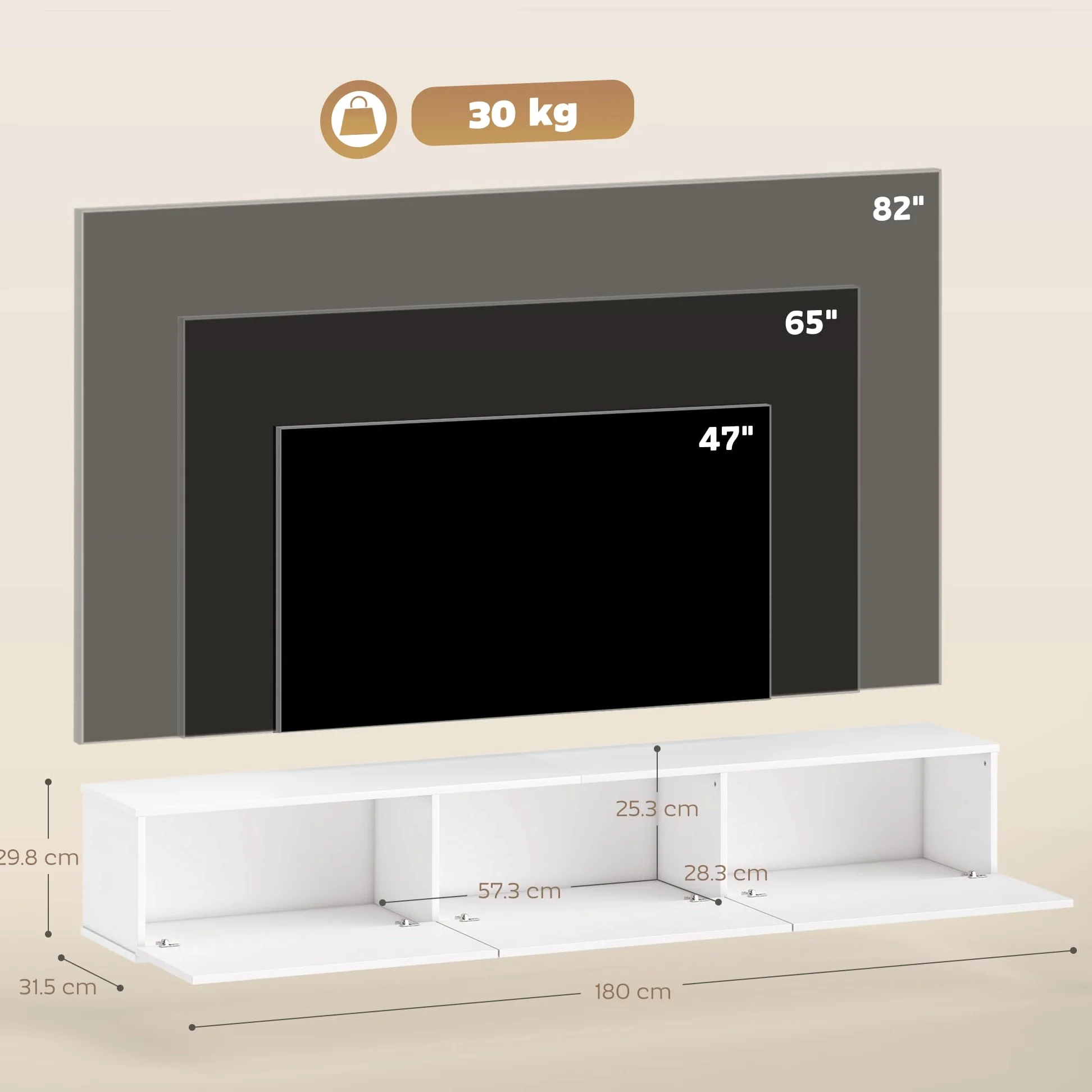 HOMCOM Mobile TV Sospeso, Mobile Porta TV Fino a 82" con Armadietti 3 Ante a Ribalta Soft Close, Mobiletto per Televisore per Soggiorno, Camera da Letto e Salotto, 180x31.5x29.8 cm, Bianco