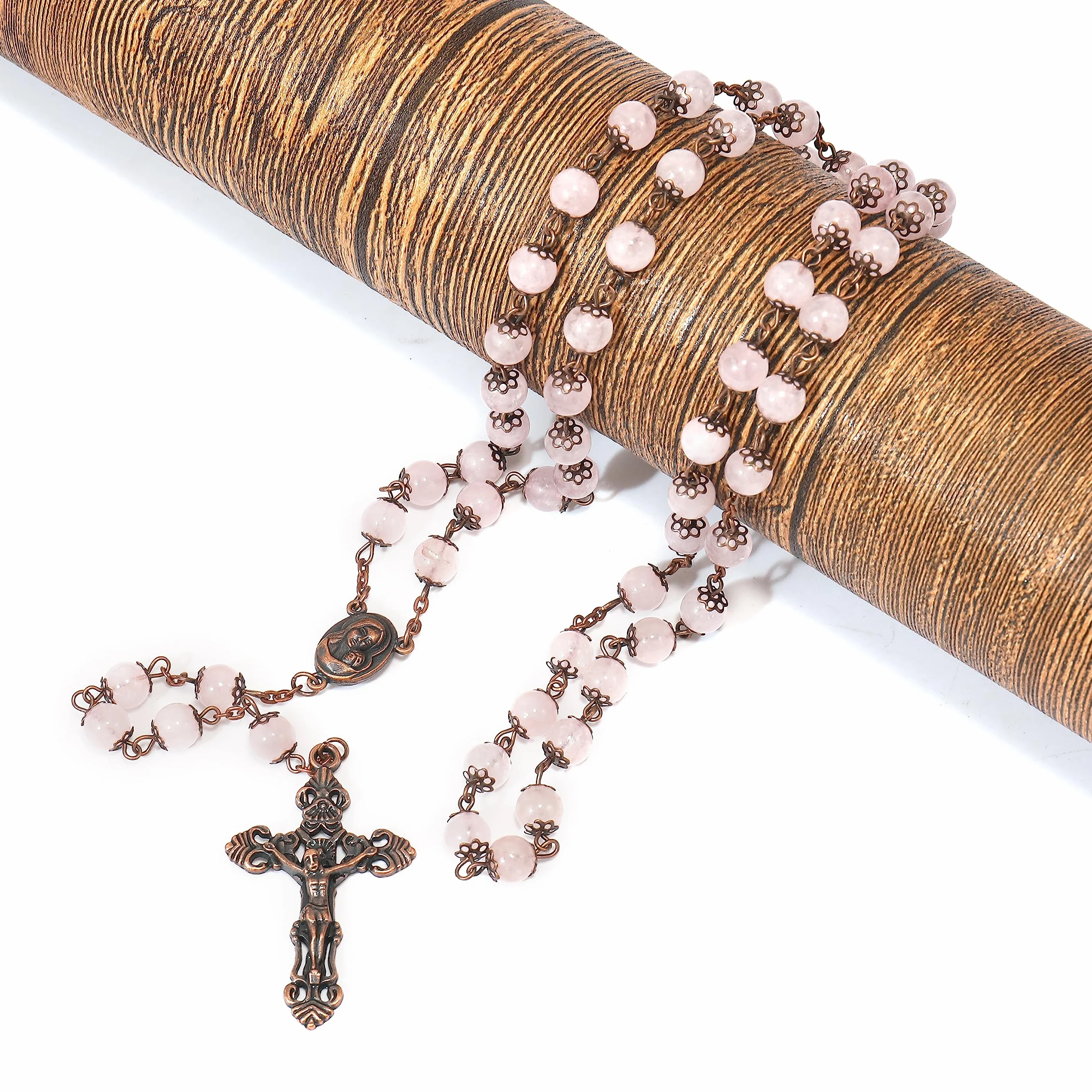 Nazareth Store Collana rosario con perline in pietra naturale Design in rame antico Medaglia del suolo sacro e croce in sacchetto di velluto - Rosari cattolici Terra Santa Gerusalemme