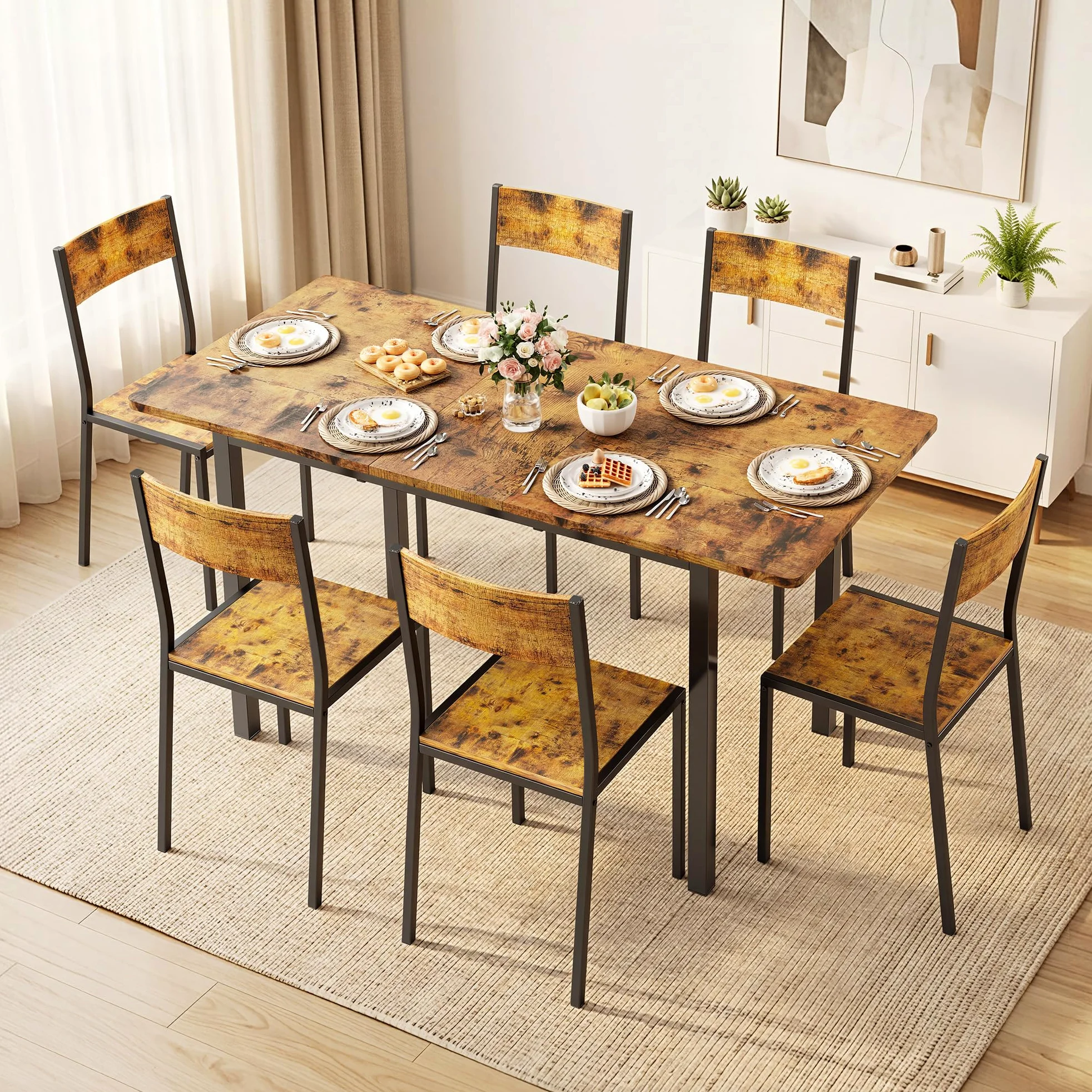 Xbro Set Tavolo e Sedie 6 Posti Allungabile, Tavolo da Pranzo con 6 Sedie, Salvaspazio, Struttura in Metallo Stabile, Facile da Montare, Cucina Soggiorno 110–140 cm