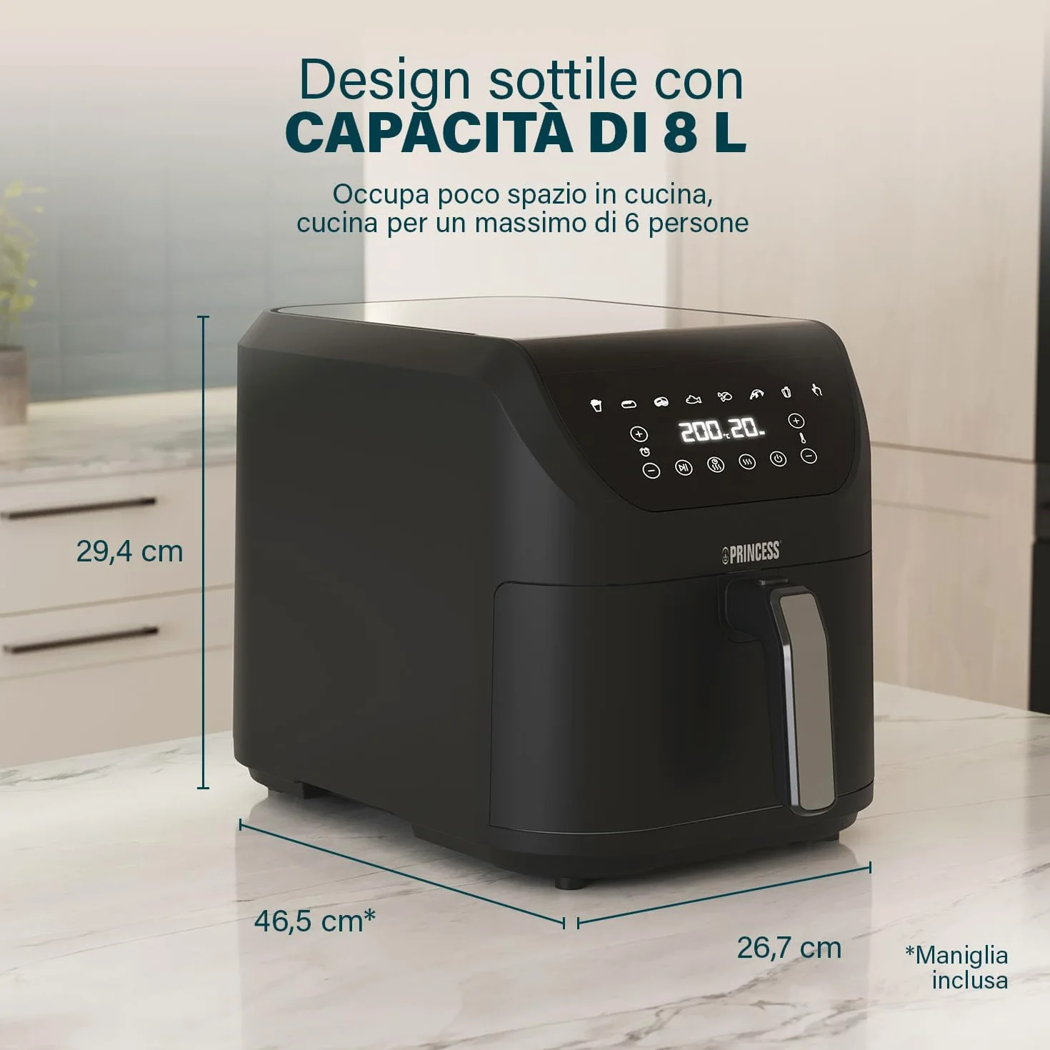 Princess Friggitrice senza olio SlimFry - Design salvaspazio - Senza BPA - 8 L - 8 programmi - Temperatura e timer regolabili - 2 000 W - 182256