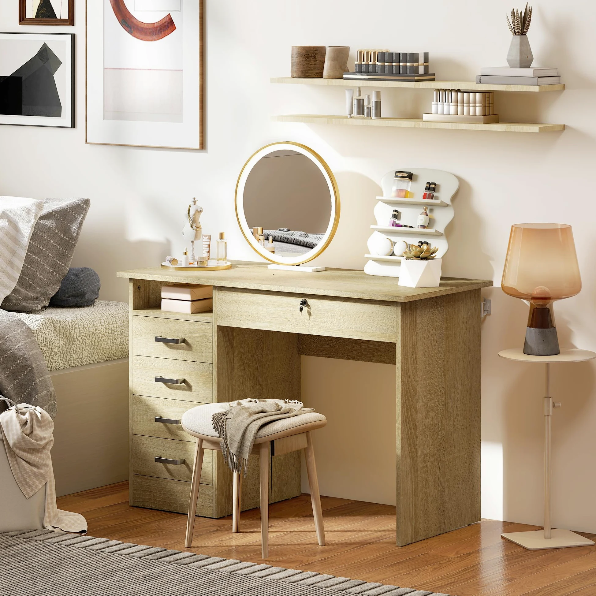 HOMCOM Tavolo per computer moderno con 5 cassetti, ampio piano, 1 scomparto aperto, cassetto con serratura, 110 x 50 x 76 cm, rovere