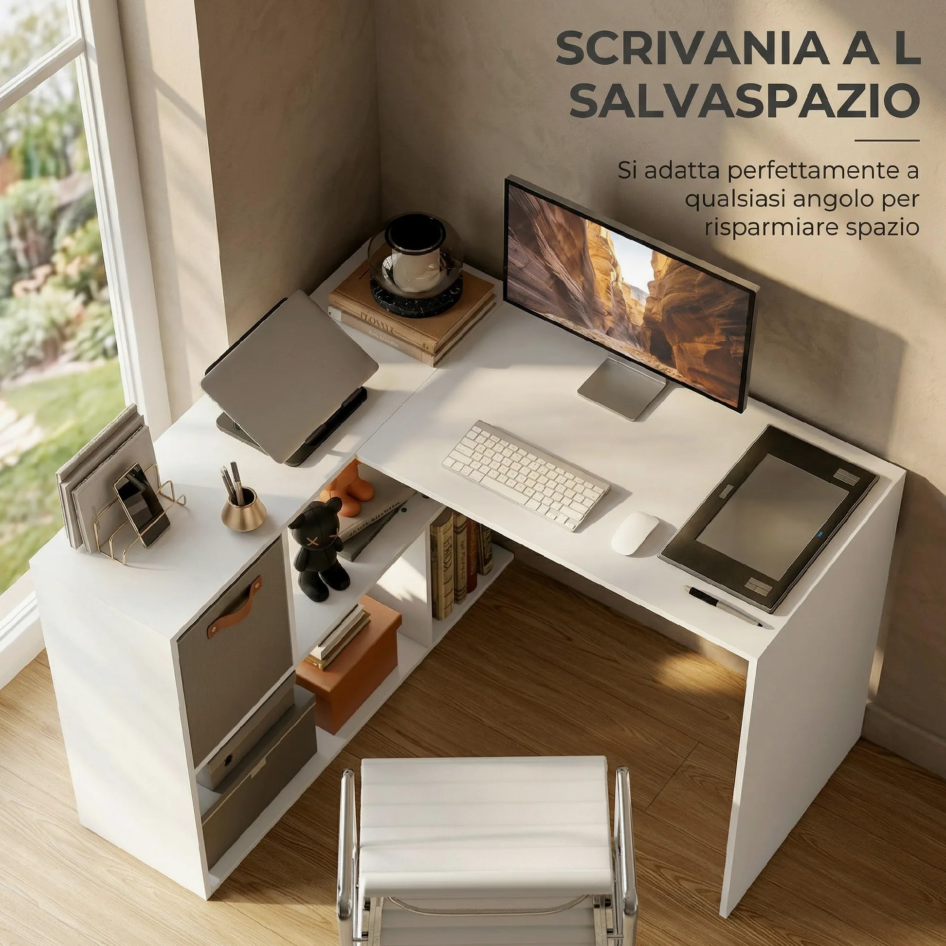 HOMCOM Scrivania Angolare per Computer 110x100 cm con Scaffale Bianco | Scrivania a L, Cassetto in Tessuto, Tavolo per PC, per Ufficio Studio e Camera da Letto, ad Angolo