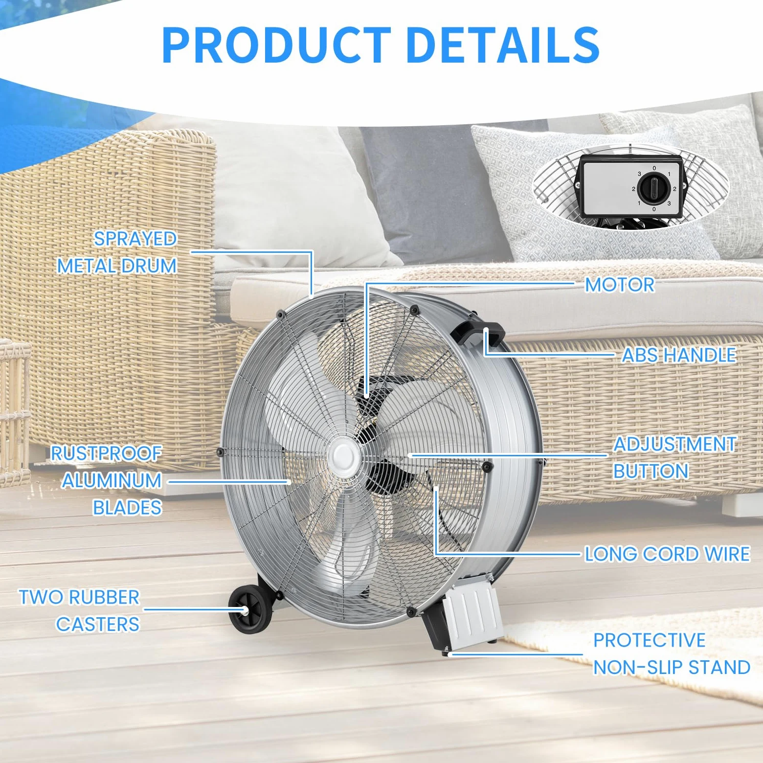 SOARS Ventilatori da Pavimento, 3 Velocità di Vento Regolabili, Ventilatore Industriale in Metallo, 2 Ruote in Gomma, per Magazzino, Officina, Cantina, Ufficio, Ø60 CM (Argento)