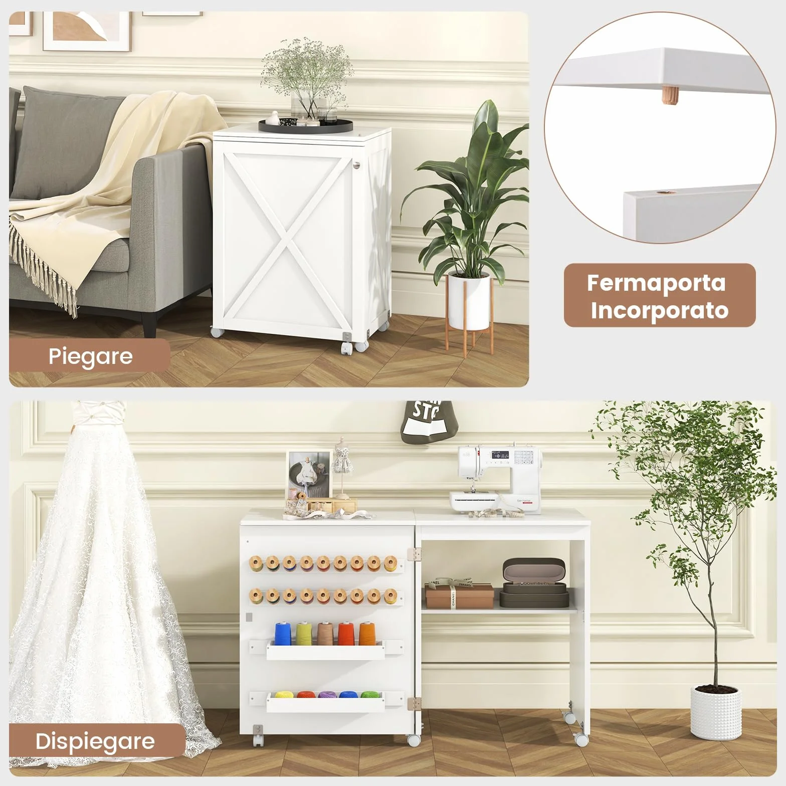 RELAX4LIFE Tavolo da Cucito Pieghevole, Armadietto per Cucito con 5 Ruote, Mensola, Ganci, Contenitori, Porta a Stalla, Mobiletto per Macchina da Cucire Salvaspazio per Soggiorno Casa (BIANCO)