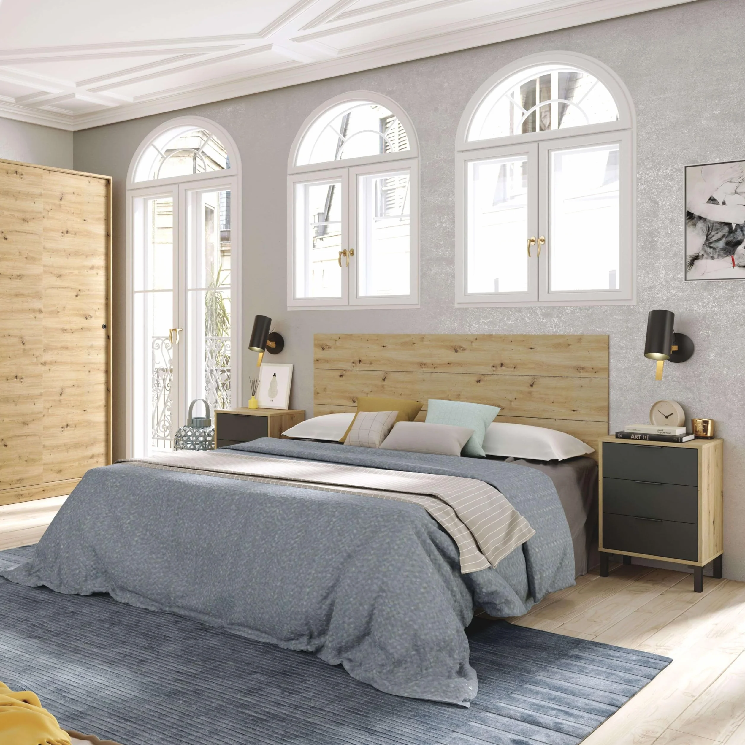 Testina + 2 comodini di notte, testiera per letto matrimoniale, modello Enzo, finitura in rovere Nodi e grigio antracite, Dimensioni: 160 cm (larghezza) x 60 cm (altezza) x 2,5 cm (profondità)