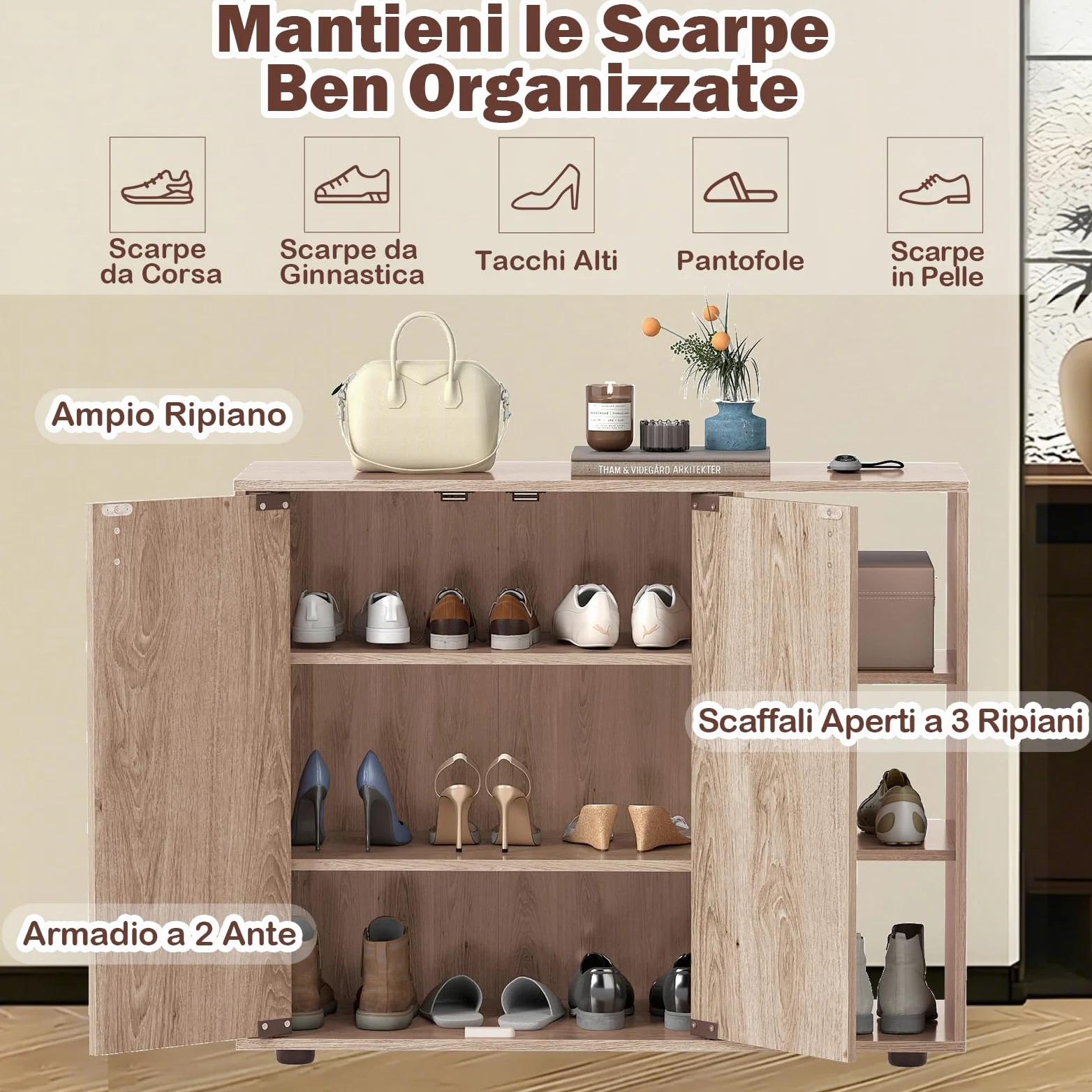 RELAX4LIFE Mobile Porta Scarpe, Organizer per Scarpe in Legno a 3 Ripiani con Ante e 3 Ripiani Regolabili, Moderno Mobile Scarpiera Autoportante per Ingresso, Corridoio, Soggiorno, Armadio (Naturale)