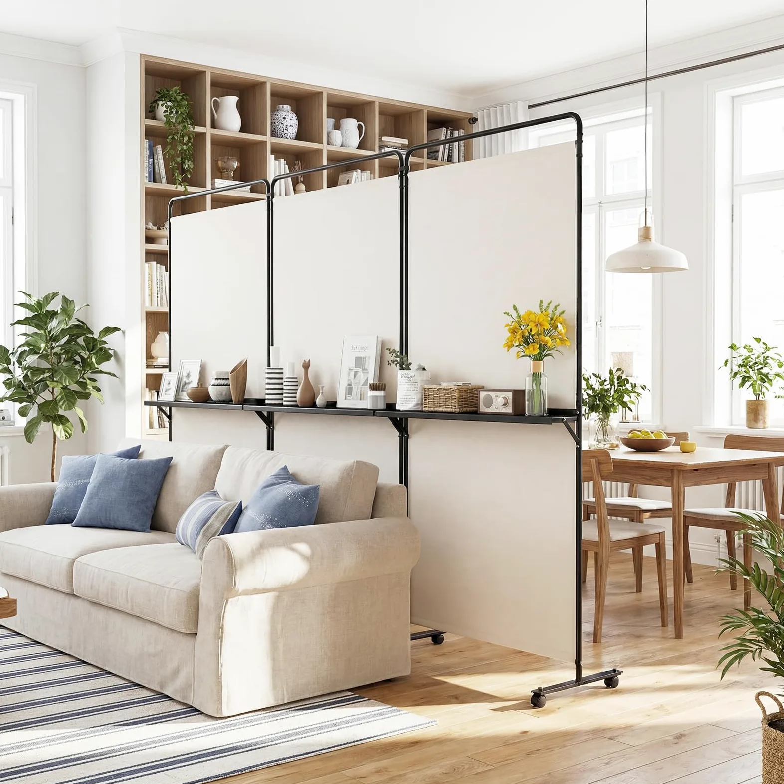 COSTWAY Paravento Interno 3 Ante con 8 Ruote Bloccabili e Ripiani (Bianco) | Separe Divisorio Pieghevole con Scaffale Portaoggetti, Tessuto Resistente e Opaco per Salotto, Camera da Letto e Ufficio