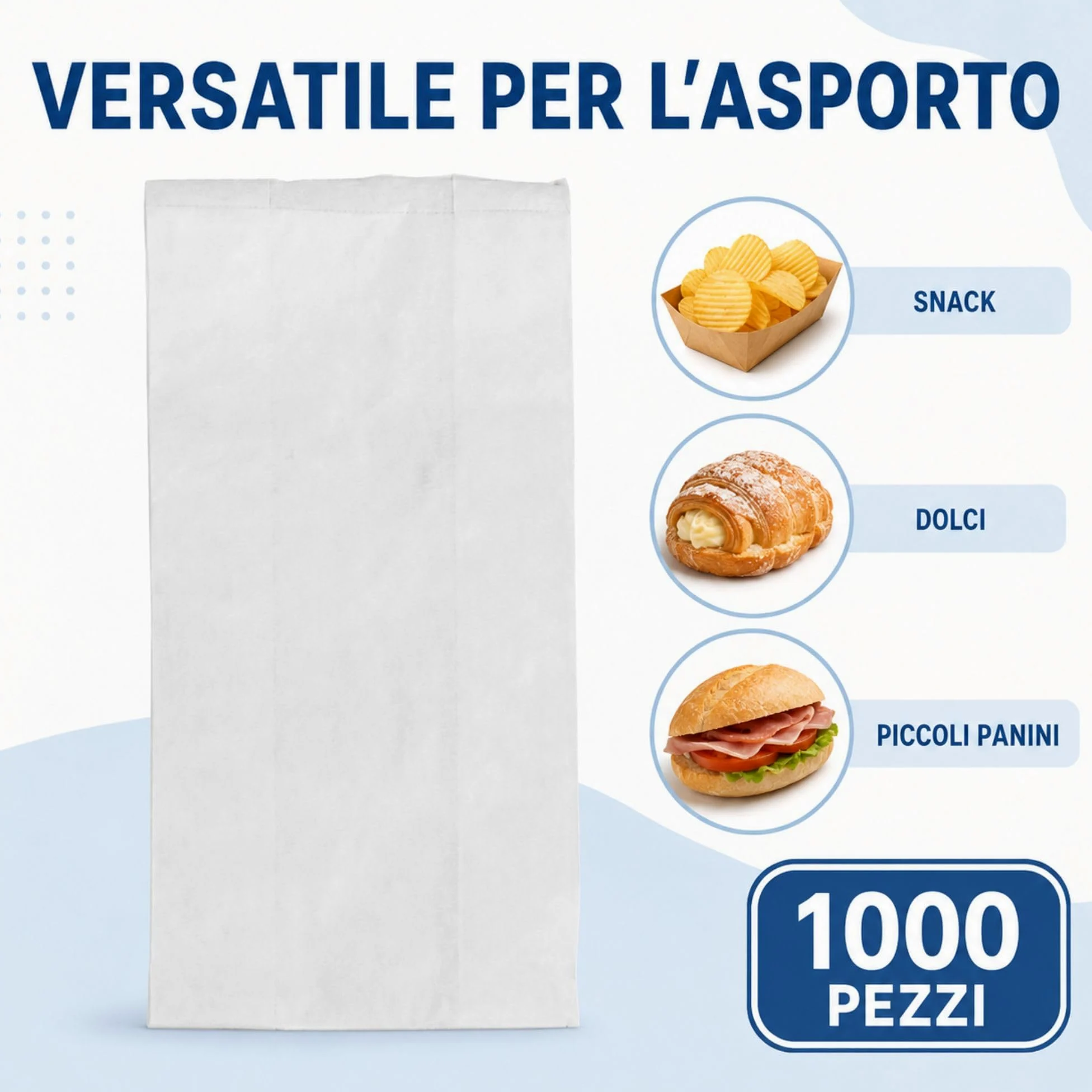 Sacchetti Asporto per Alimenti in Carta, Sacchetti Professionali per Pane, Gastronomia, Panifici e Take Away, Confezione da 1000 Pezzi, Colore Bianco Misure 170 x 340 mm
