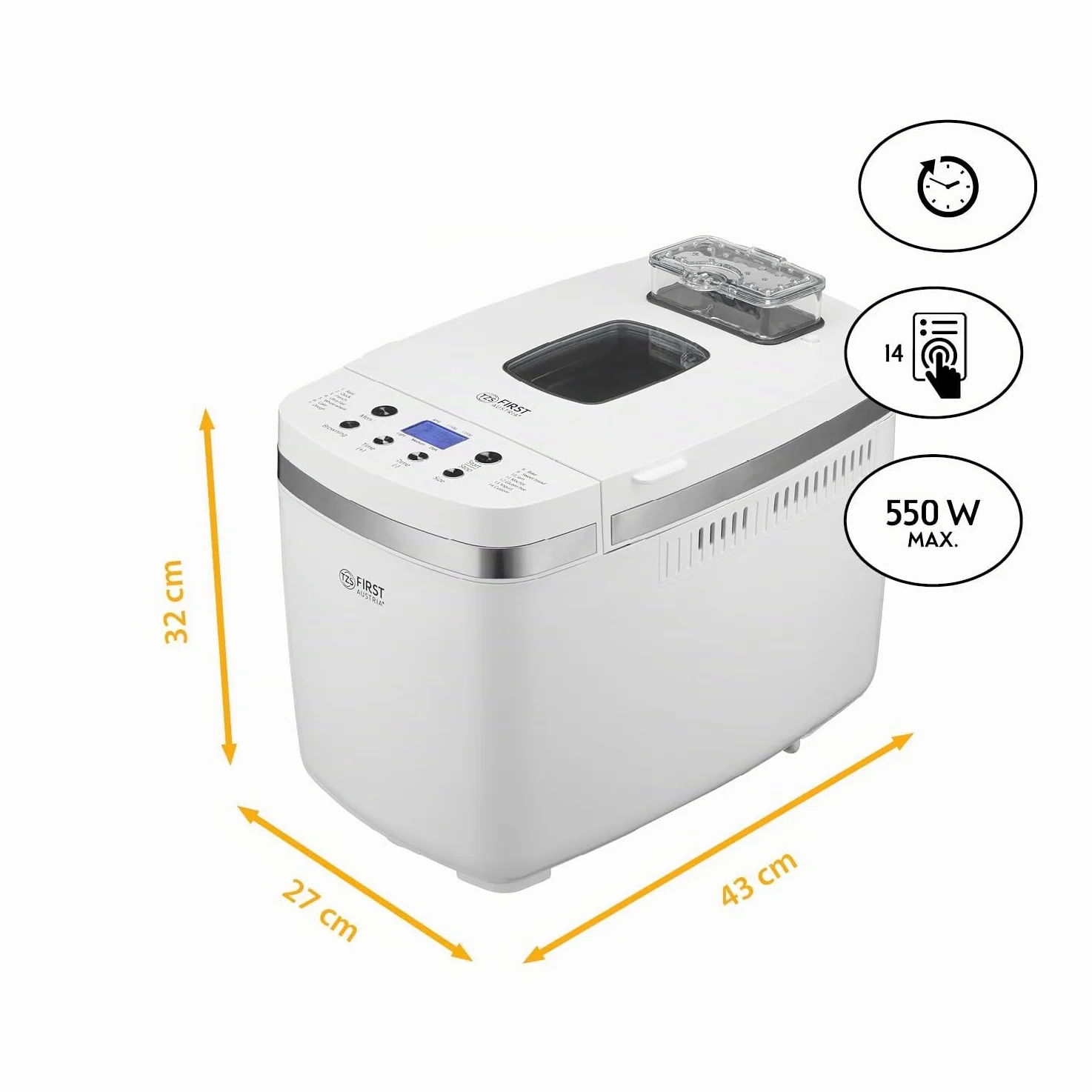 TZS First Austria - Macchina del Pane 850W - Per pane da 900g & 1350g - 14 Programmi automatici - Doratura regolabile, Timer & Funzione mantenimento calore