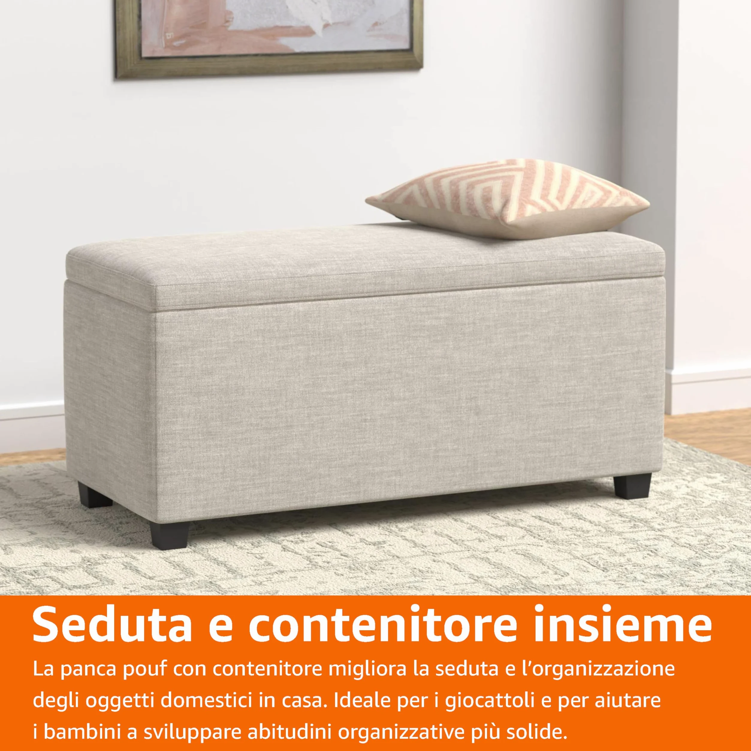 Amazon Basics Pouf rettangolare imbottito Poliestere, contenitore portaoggetti e panca da ingresso, poggiapiedi, Beige, 42 x 91 x 43 cm (L x P x A)