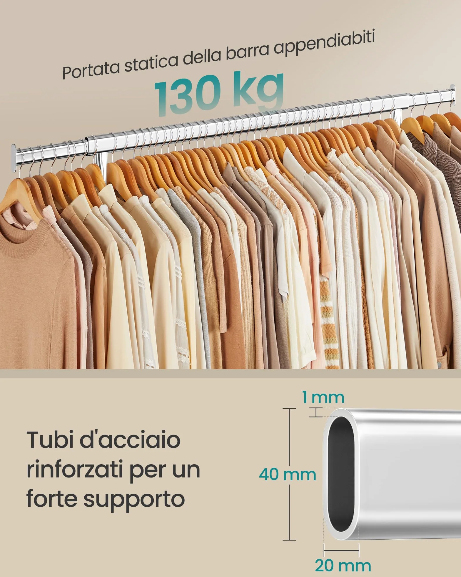 SONGMICS Stand Appendiabiti con Rotelle, Portabiti Carico Pesante, Barra Estensibile, Portata 130 kg, 45 x (110-150) x 162,9 cm, Metallo Cromato, Argento HSR11S