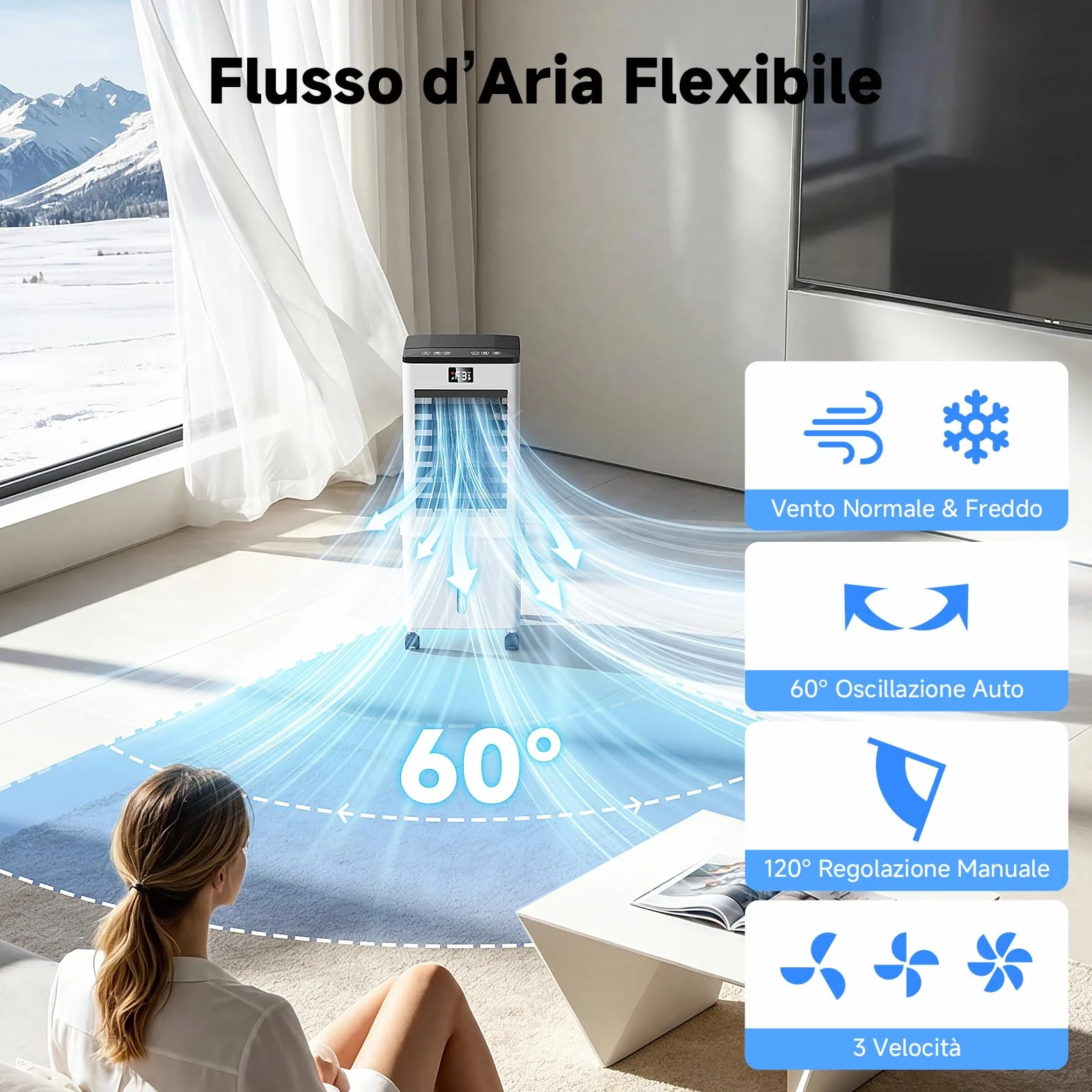 Condizionatore Portatile senza tubo 10L Migliorato, Raffrescatore d'Aria 4 in 1, 3 Velocità, Timer 1-12h, 3 Modalità, Telecomando, Oscillazione 60°, per Camper, Casa, Ufficio(Nero e bianco opaco)