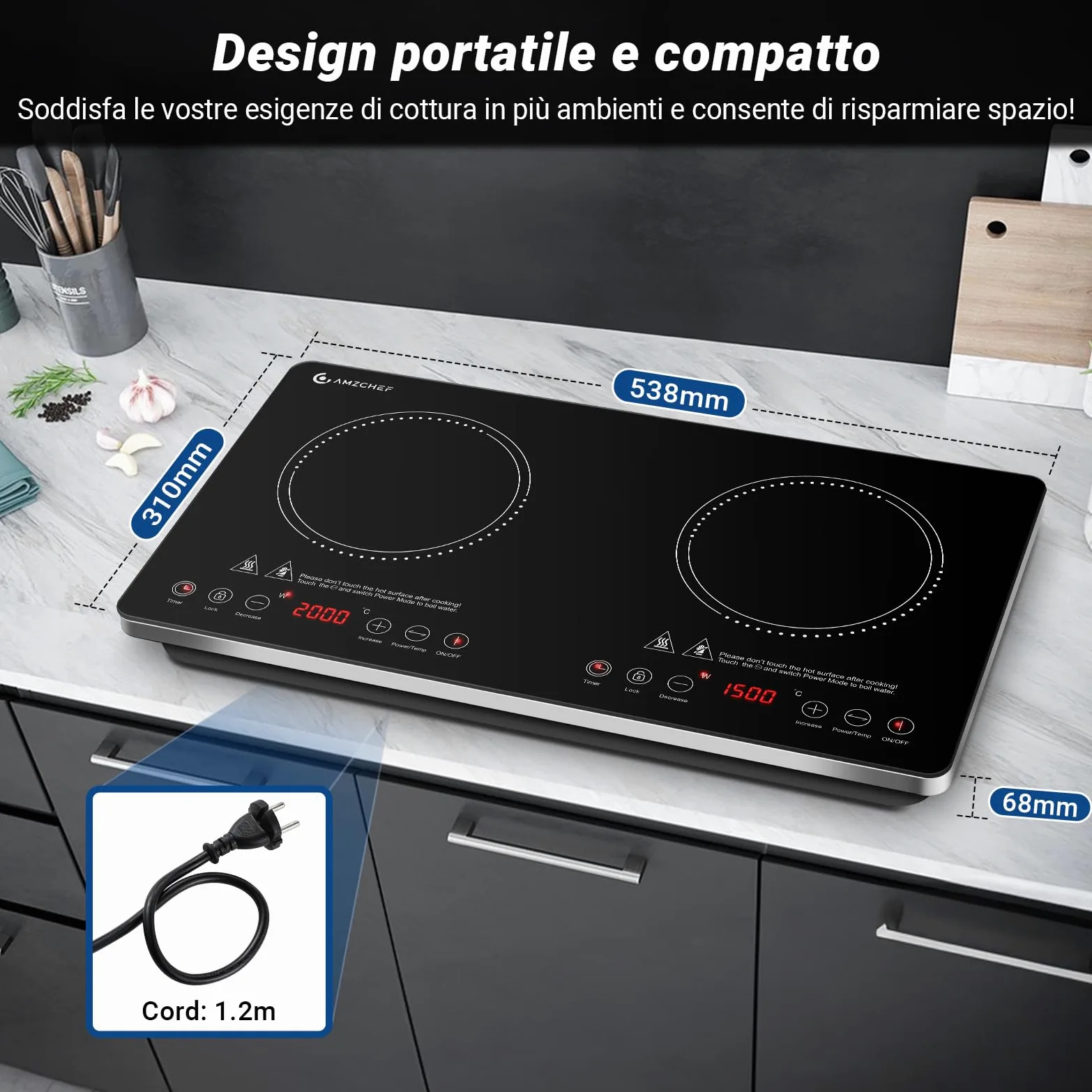 AMZCHEF Piastra Induzione 2 Fuochi Con IGBT Importato, 20 Livelli di Temperatura, 20 e 15 Livelli di Potenza, 3500W Piano Cottura Con Timer di 4 Ore, Blocco di Sicurezza