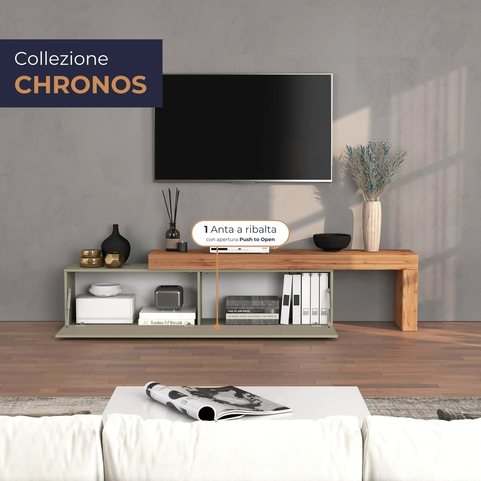 WHOUS Mobile Porta TV CHRONOS per Soggiorno con 1 Anta a Ribalta, Mobile Tv Regolabile per Salotto in Legno, 190/350x40x51 cm, Tortora Opaco e Rovere