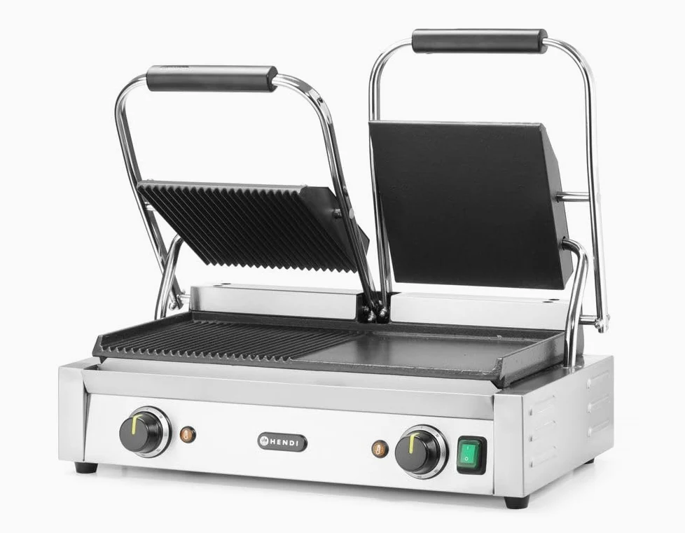 HENDI Piastra Elettrica a Contatto Doppia, Grill/Griglia Panini Professionale, Piastre Liscia e Rigata in Ghisa Smaltata, 230V, 3600W, 570x375x(H)216mm, Acciaio Inox