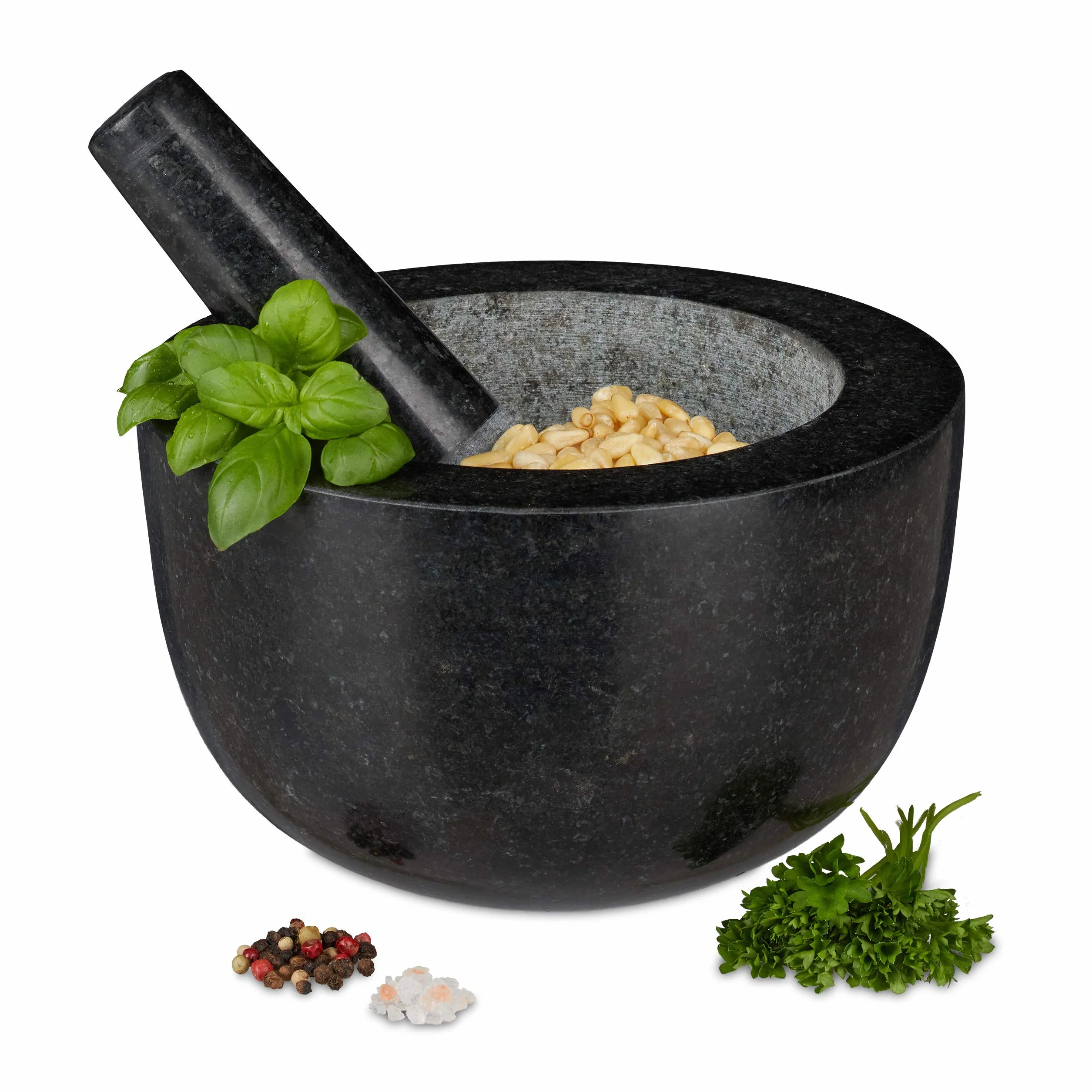 Relaxdays Mortaio e Pestello in Granito 750 ml Pietra Lucida D: 20 cm Grigio Scuro