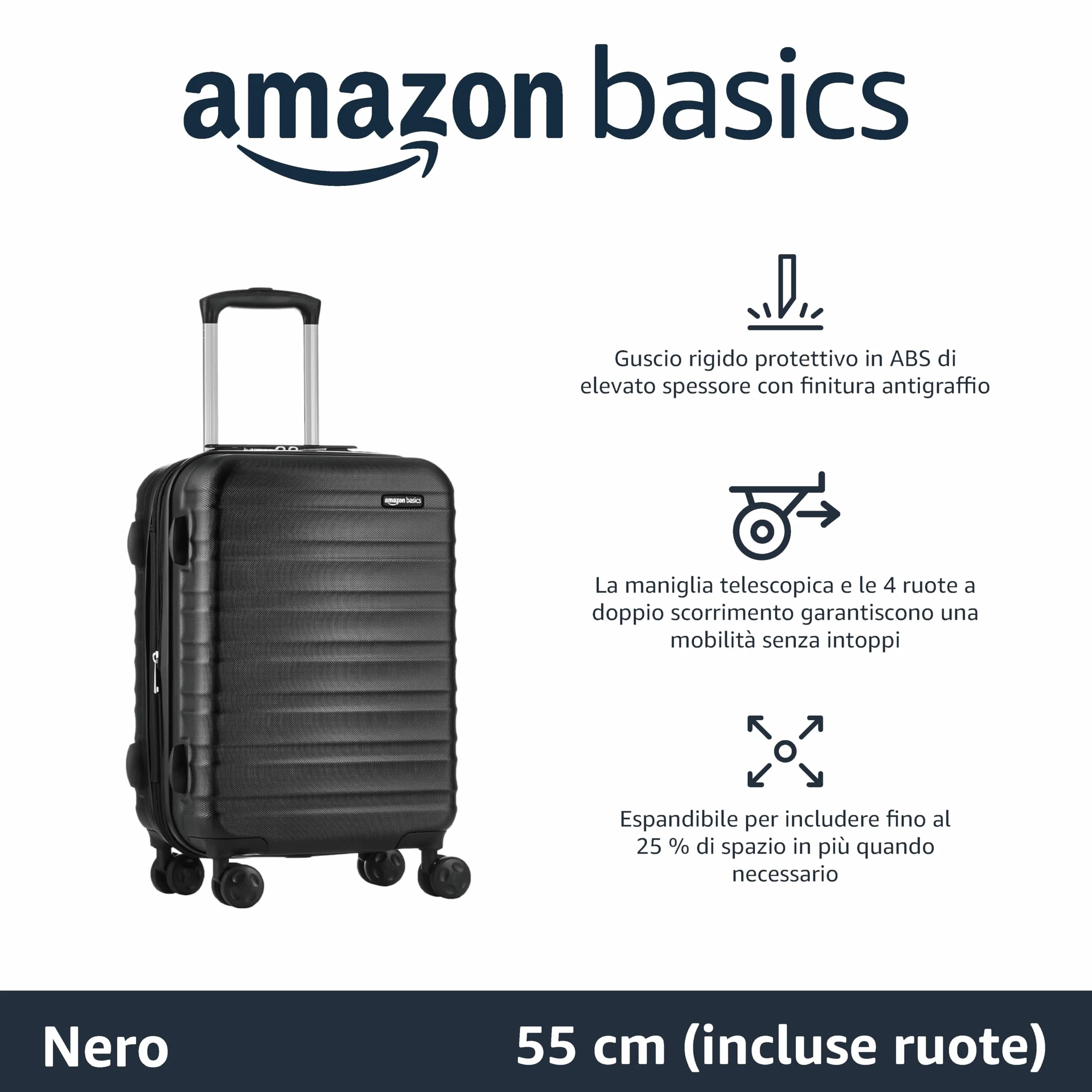 Amazon Basics Valigia Rigida Piccola Bagaglio a Mano Espandibile ABS 4 Ruote Doppie Girevoli 55 x 37,5 x 25,5cm Nero