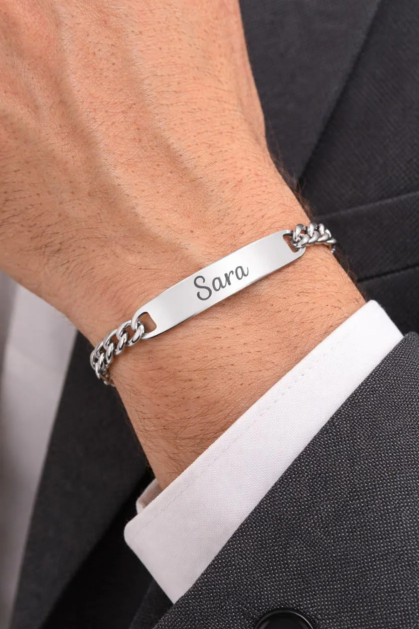 Bracciale in Acciaio Inossidabile Personalizzato con Incisione – Piastrina ID con Nome – Regalo per Uomo e Donna