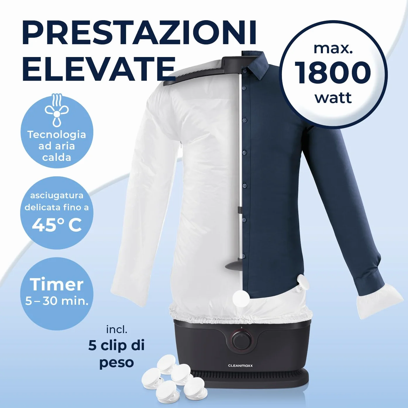 CLEANmaxx Ferro da stiro automatico per camicie PRO | Sostituisce il ferro da stiro, l'asse da stiro e la vaporiera | Ferro da stiro con manichino per camicie e bluse | Innovativo ed efficiente
