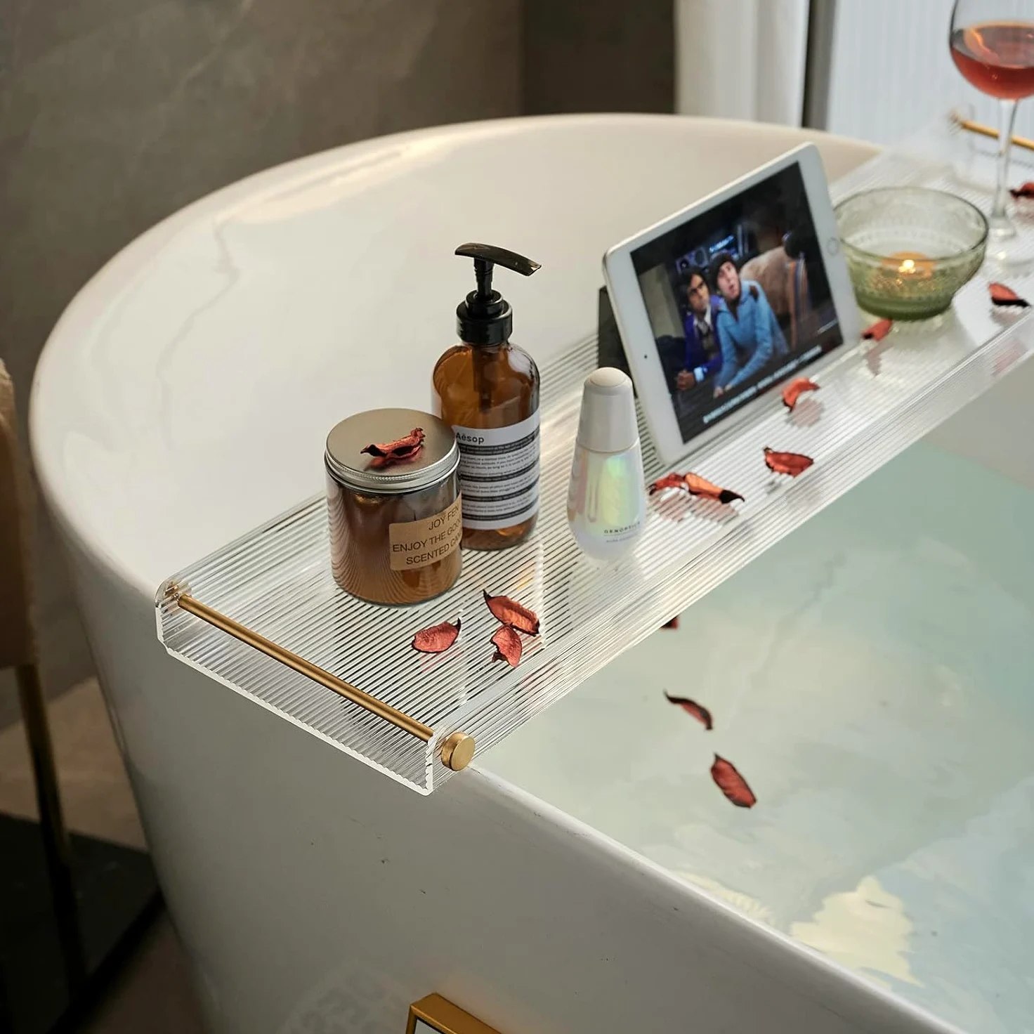 Bathtub Caddy Tray for Luxury Bathroom Bath tub Table Caddy Tray Shelf for Shower with Gold Handles fits All bathtubs