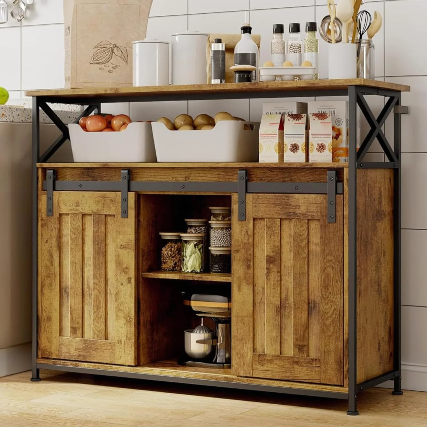 Credenza per Soggiorno Stile Country, con 2 Ante Scorrevoli, Ripiani Regolabili, Mobile Organizzatore in Legno, 33 x 100 x 80 cm, Retro