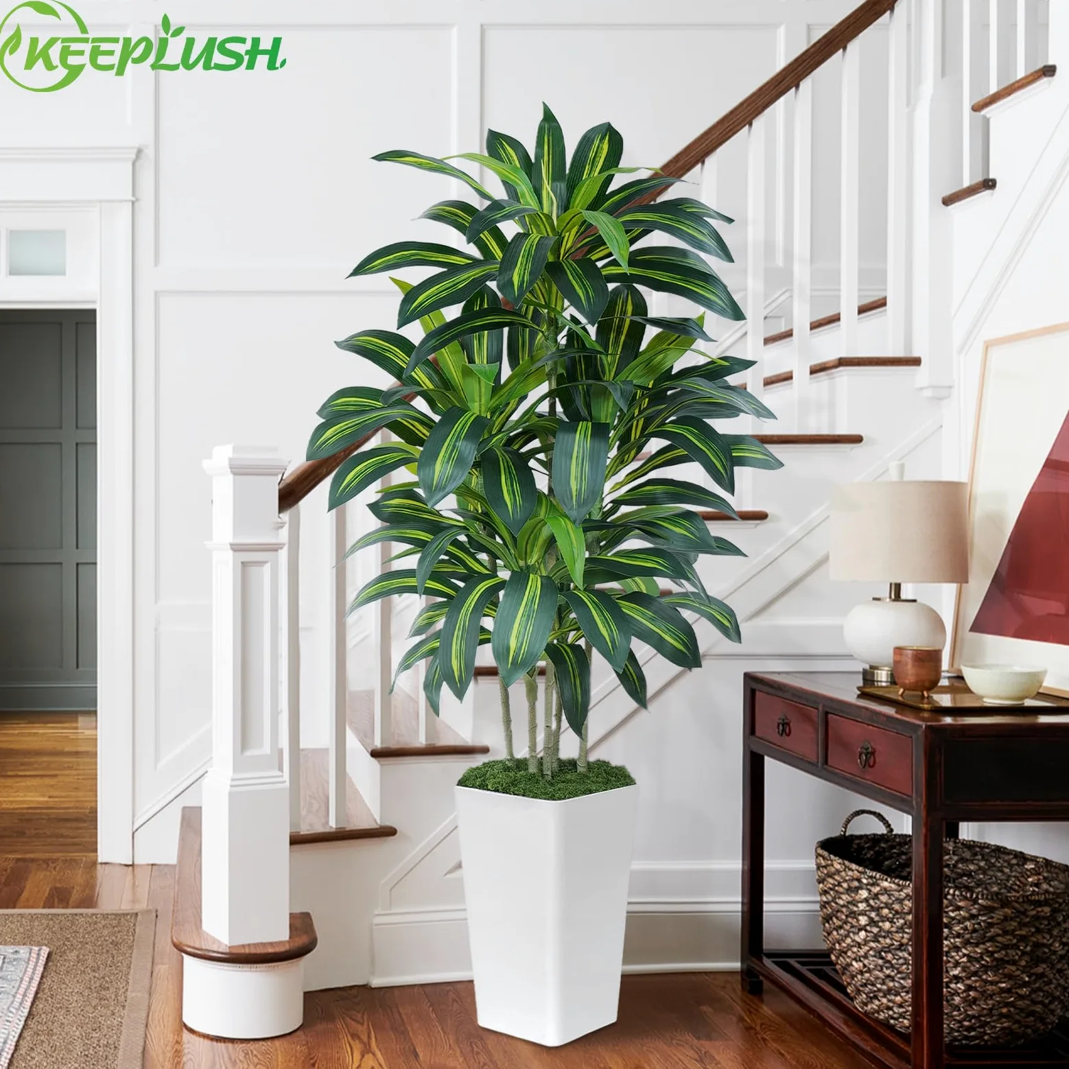 Pianta Finta Dracaena Artificiale 150cm alta con Vaso Bianco, Piante Finte da Interno Grandi Ha 108 foglie, Albero Artificiale Interni Per Soggiorno Ufficio Giardino Dec