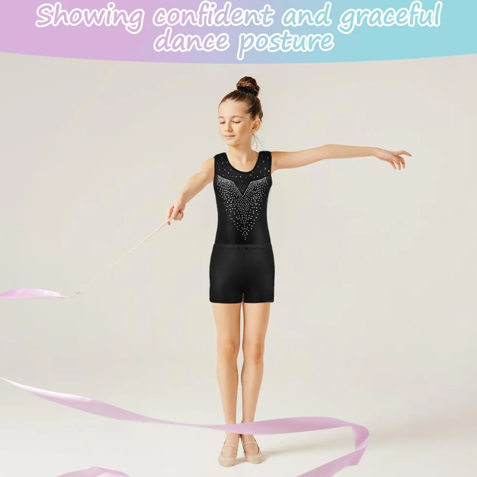 AOOWU Set Ginnastica 3 Pezzi, Leotard Y-Neck Pantaloncini, Danza Gradient Colour Sparkle