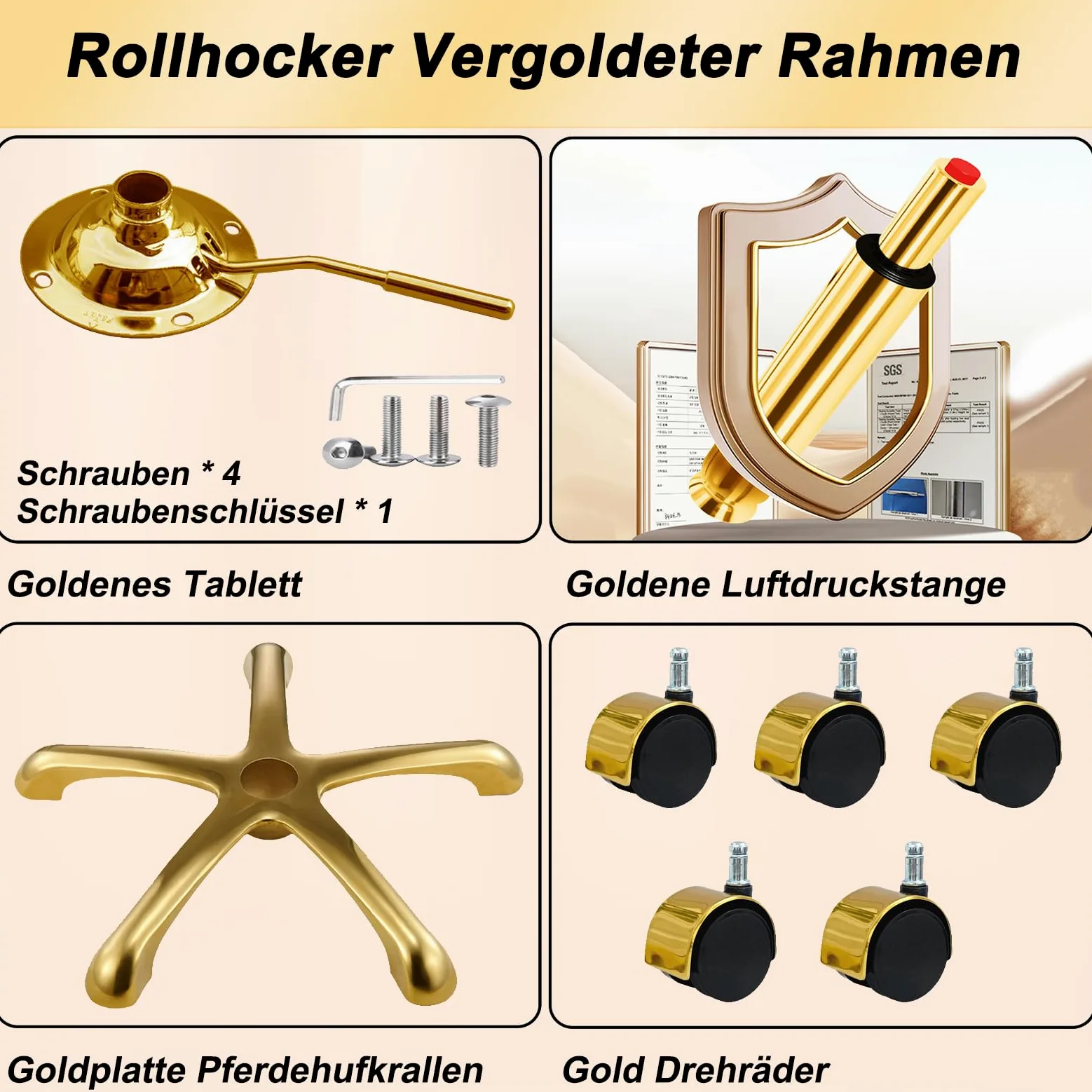 Dorato Sgabello con Ruote, Sedia con Rotelle Regolabile Altezza, Motivo Ghiacciaio Pelle PU, Trucco Sgabelli Girevole per Trucco, Salone e Spa, Capacità 400 Libbre (Bianco, Senza Schienale)
