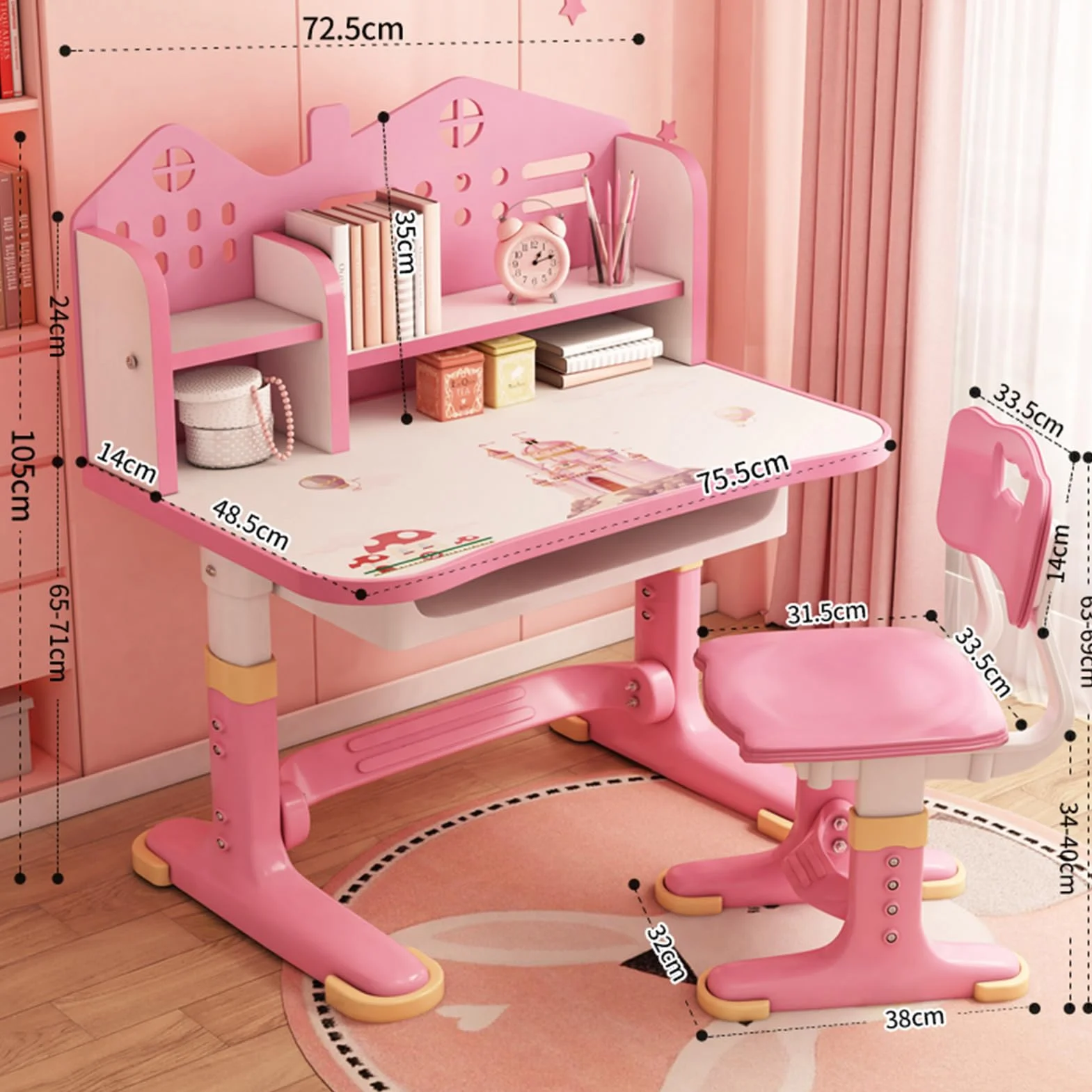 Scrivania Bambini, Sedia Scrivania Bambina, Scrivania per Bambini Con Cassetto, Scrivania Bambino Altezza Regolabile (Rosa-a)
