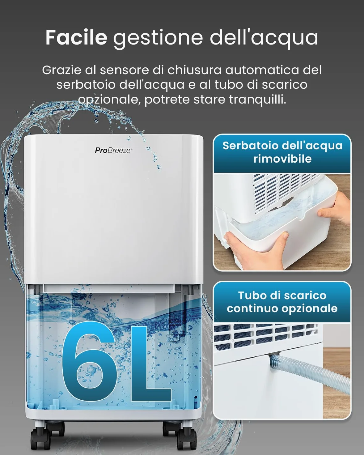 Pro Breeze Deumidificatore a compressore 6L con serbatoio dell'acqua da 2L, asciugatura della biancheria e sensore di umidità - Rimuovi muffa portatile timer 24H per umidità, muffa nera e condensa