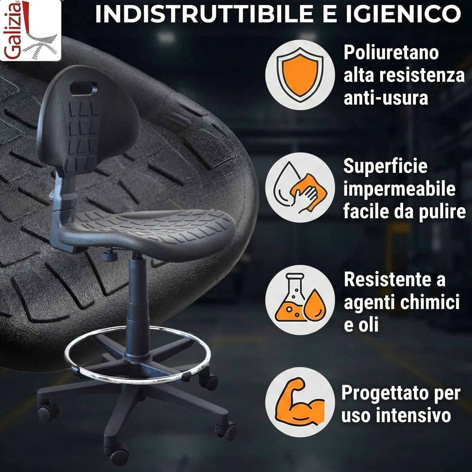 SGABELLO GIREVOLE, SEDILE E SCHIENALE IN POLIURETANO, ELEVAZIONE A GAS, BASE E POGGIAPIEDI IN PLASTICA, CON RUOTE, SCHIENALE REGOLABILE, CONTATTO PERMANENTE, PRODOTTO ITALIANO