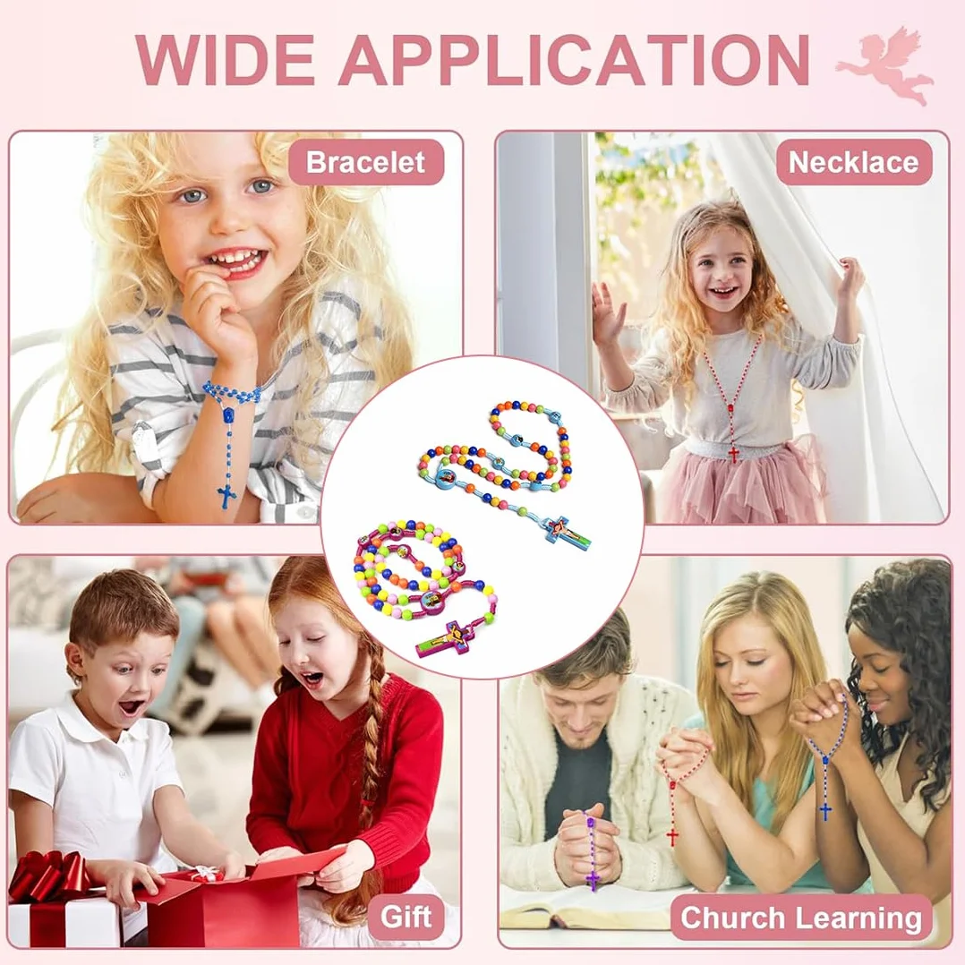 2 Pezzi Rosario con perline colorate, rosario per imparare a pregare, per bambini, con sacchetto regalo in velluto, regalo per Pasqua e battesimo cattolico