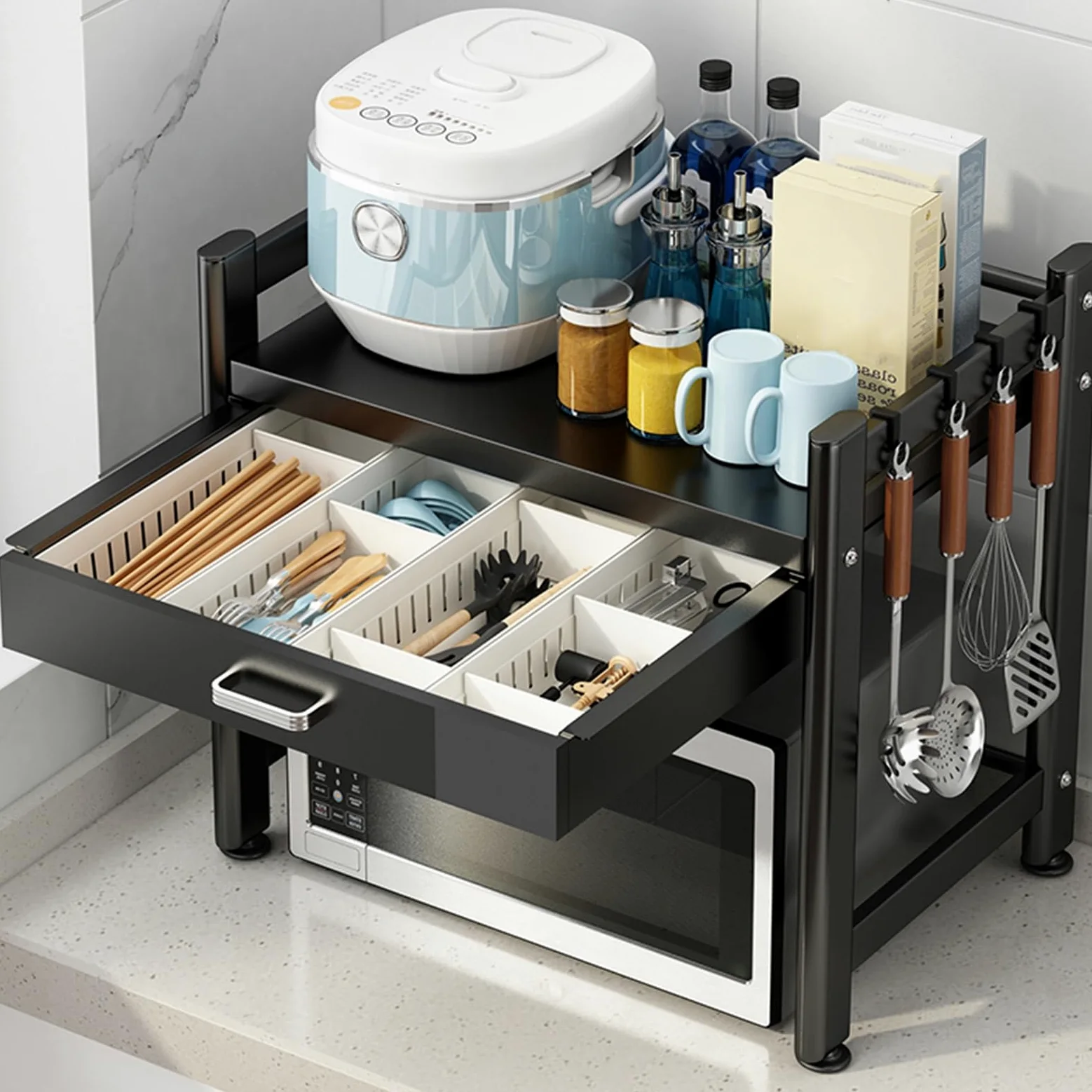 Generico Supporto Per Forno a Microonde da Banco con Cassetto e Gancio, Mensola Microonde, Ripiano Portaoggetti da Cucina In Metallo, Organizer per Ufficio, Salvaspazio, Nero